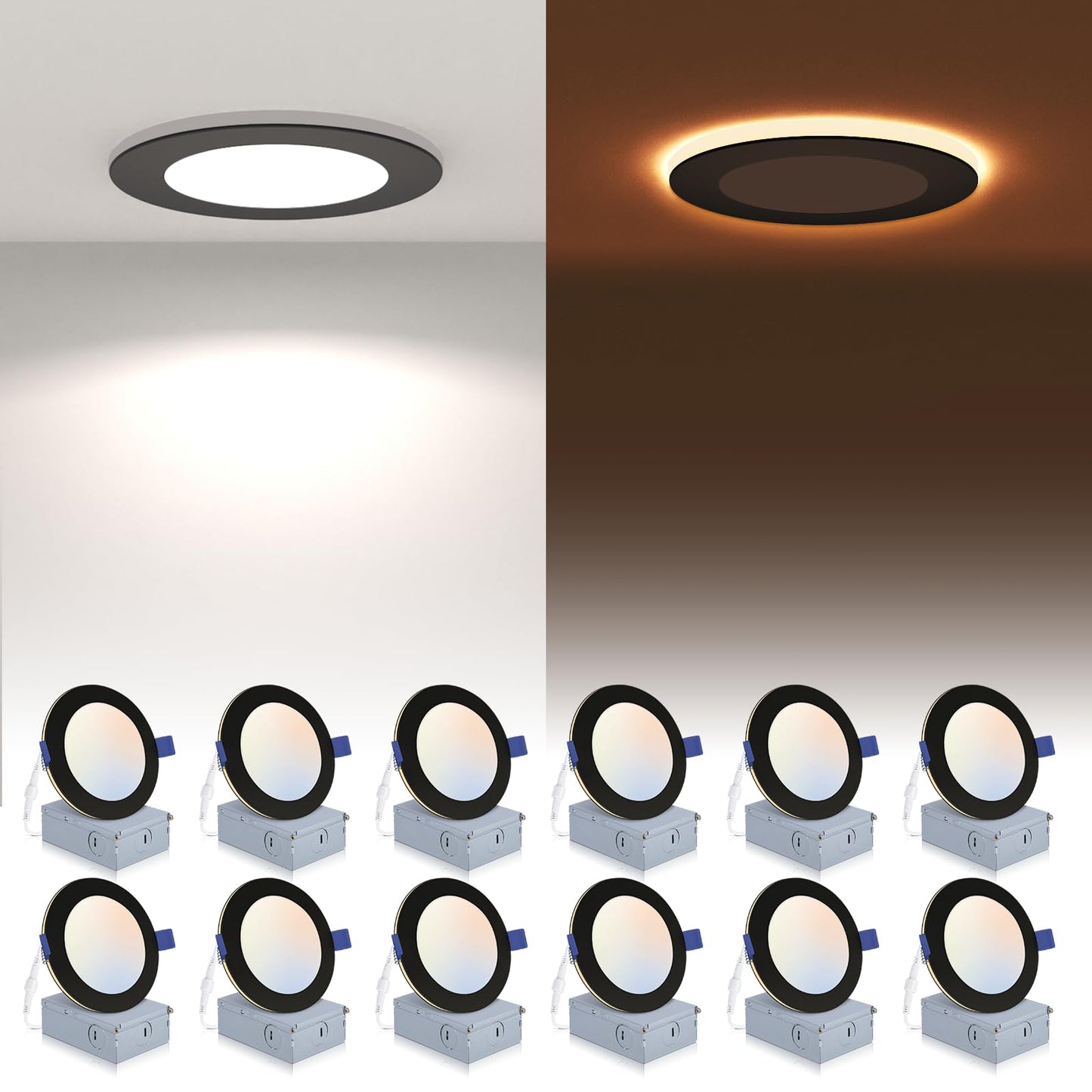12 Pack Black Recessed Lighting 6 Inch with Night Light, 5CCT 6 Inch LED Recessed Lights 2700K-6000K Selectable, Dimmable 15W 1200LM Ultra Thin Recessed Lighting - ETL and Energy Star Certified