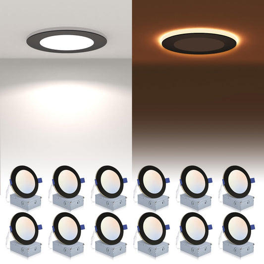 12 Pack Black Recessed Lighting 6 Inch with Night Light, 5CCT 6 Inch LED Recessed Lights 2700K-6000K Selectable, Dimmable 15W 1200LM Ultra Thin Recessed Lighting - ETL and Energy Star Certified