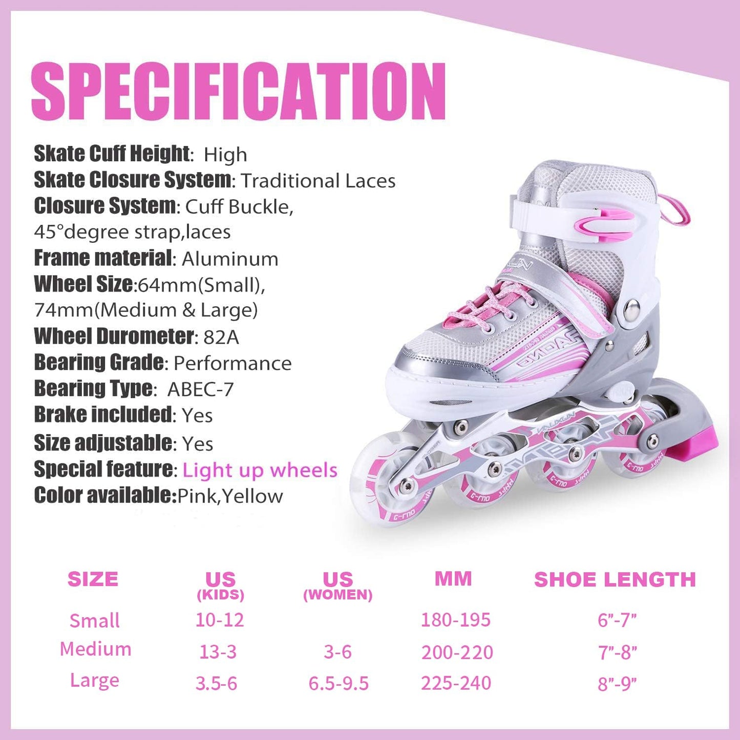 Kuxuan Inline Skates Adjustable for Kids,Girls Skates with All Wheels Light up,Fun Illuminating for Girls and Ladies