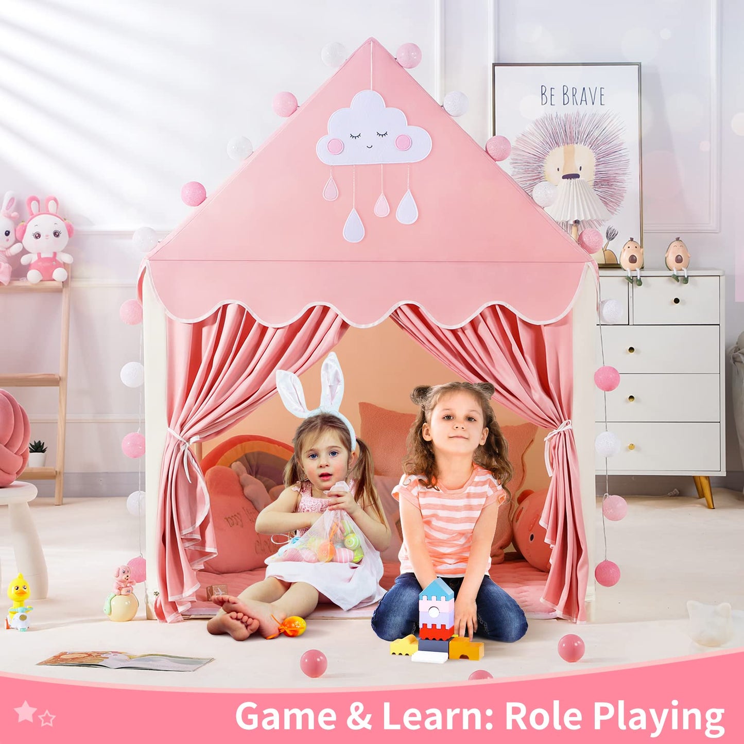 SISTICKER Kids Play Tents for Girls Large Fairy Playhouse for Kids Princess Castle Tent Gift Toys for Girl Toddler Children Play House (Pink) (Pink Tent)