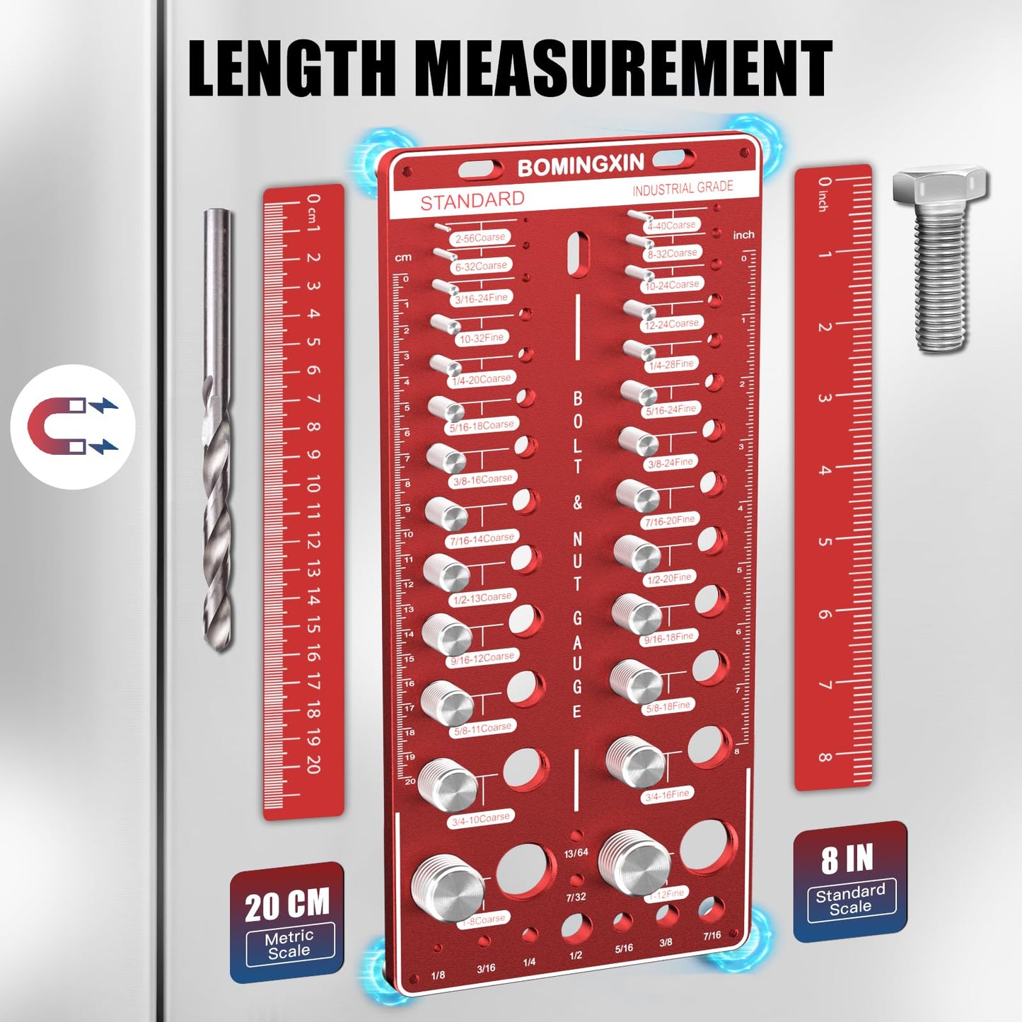 Upgrade 70 Nut and Bolt Thread Checker with Magnetic Base & Anti-Slip Feet, Bolt Size and Thread Gauge with 26 Standard & 26Metric & 18 Drill Bit Gauge, Bolt and Nut ldentifier Gauge