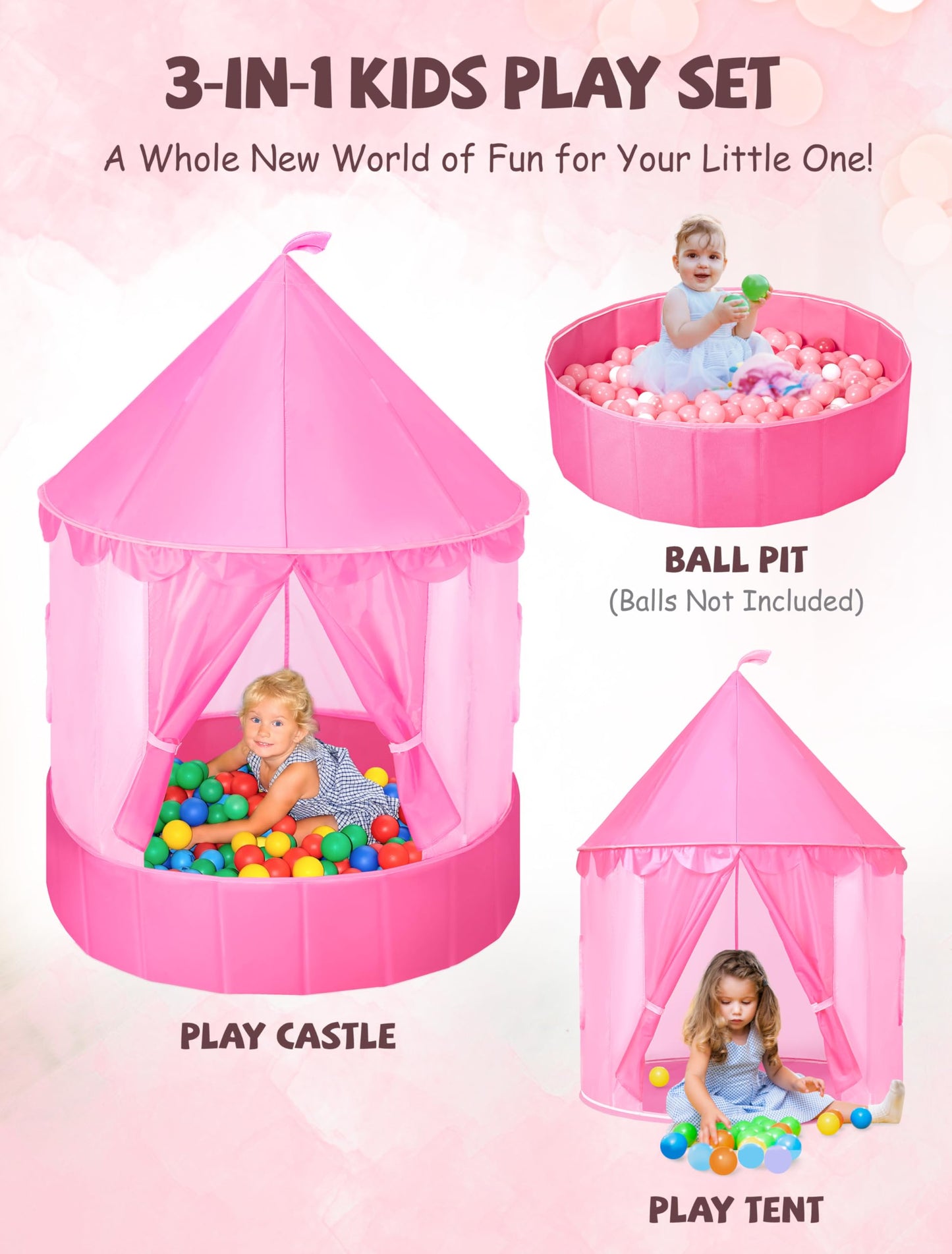 Hikiddy 3-in-1 Ball Pit & Play Tent for Toddlers: Large 40" Pink Kids Ball Pit and Princess Tent - Princess Castle Playhouse Tent for Girls Kids Babies - Foldable Portable Toys for Indoor & Outdoor