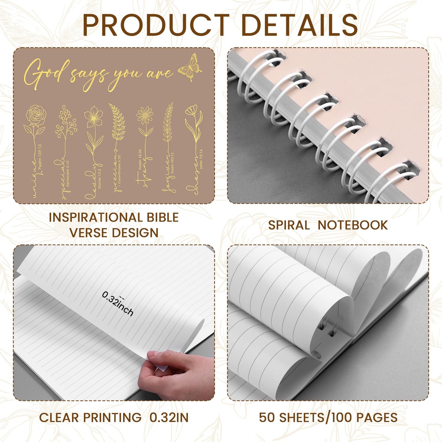 MotiMind 24 Pcs Floral Christian Spiral Notebook Set A5 Christian Gifts for Women God Says You Are Bible Verse Inspirational Prayer Journal with Gold Foil Cover for Church 5.8" x 8.3" (Morandi)