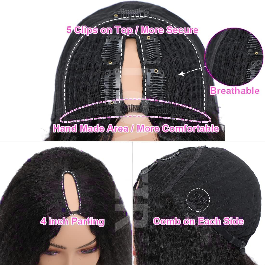 LOVFIR V Part Wig Human Hair Kinky Straight 180% Density No Leave Out V Part Wigs Upgrade U Part Human Hair Wig Yaki Straight V Part Wigs For Black Women Human Hair V Shape Wig 16 Inch