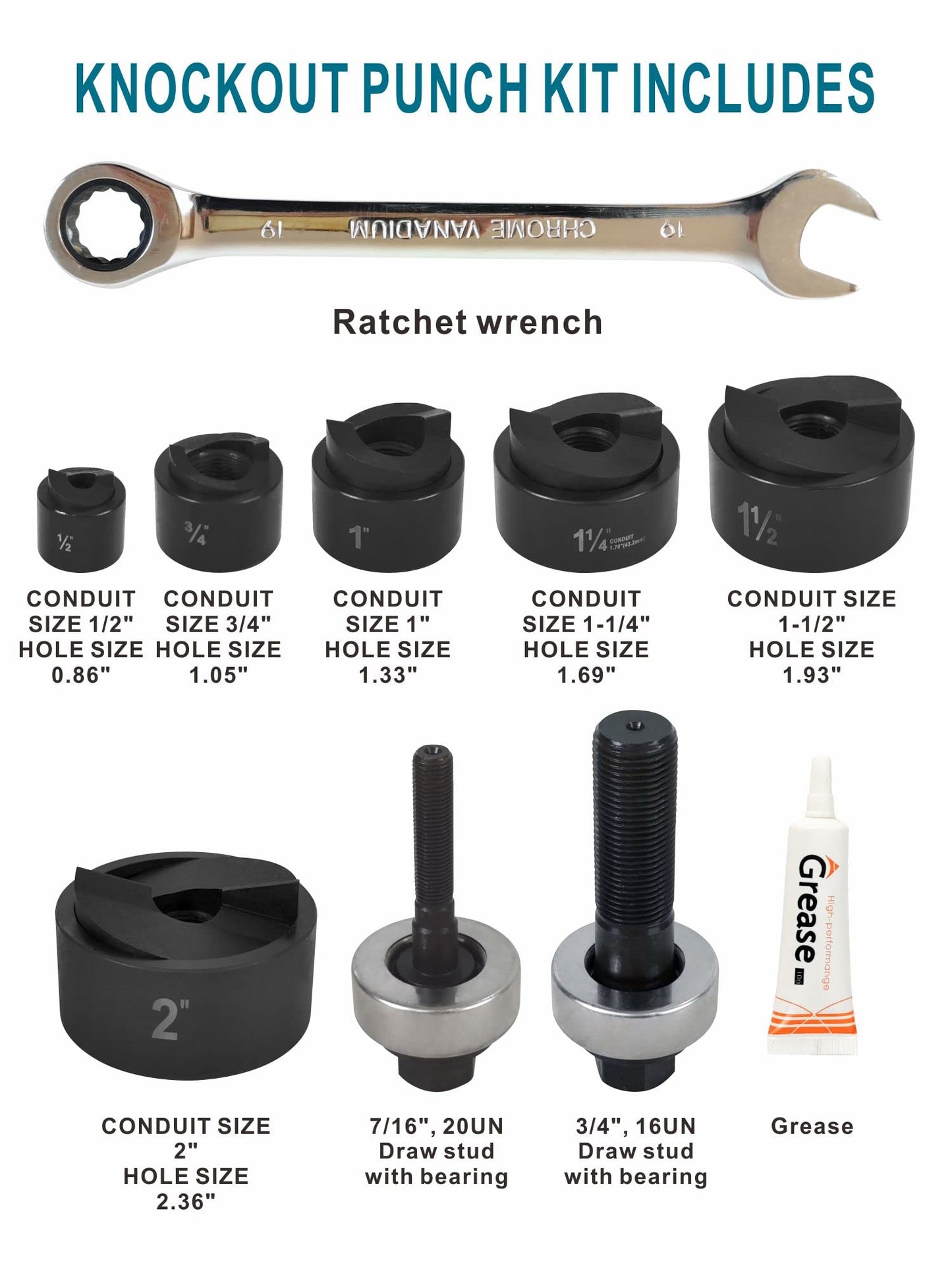 AMZCNC Manual Knockout Hole Punch Driver Kit 1/2 to 2 inch Electrical Conduit Hole Cutter Set KO Tool Kit ((Conduit Hole Size) 1/2"~2" Knockout Punch kit)