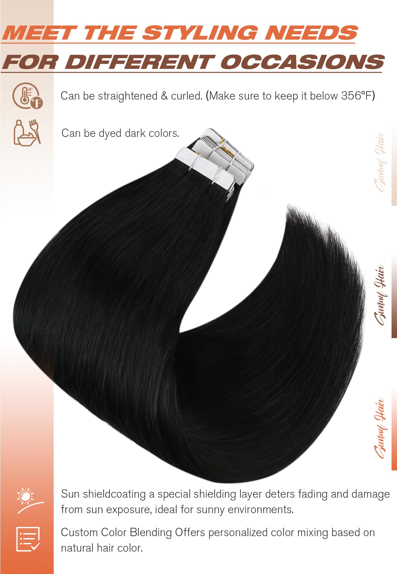 Sunny Hair Black Tape in Human Hair Extensions Invisible Tape in Hair Extensions Human Hair Black Human Hair Tape in Extensions Jet Black 28 Inch Tape in Hair Extensions Long Straight Hair 50g 20pcs