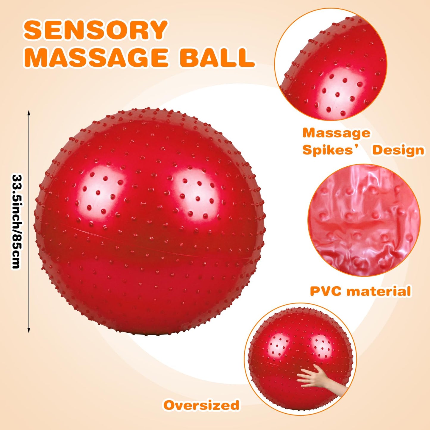 Lazynko 2 Pack Large Sensory Massage Ball with Tactile Spikes Red & Blue 33.5" 85CM Bouncy Exercise Yoga Ball for Kids,Outdoor Beach Play,with Pump