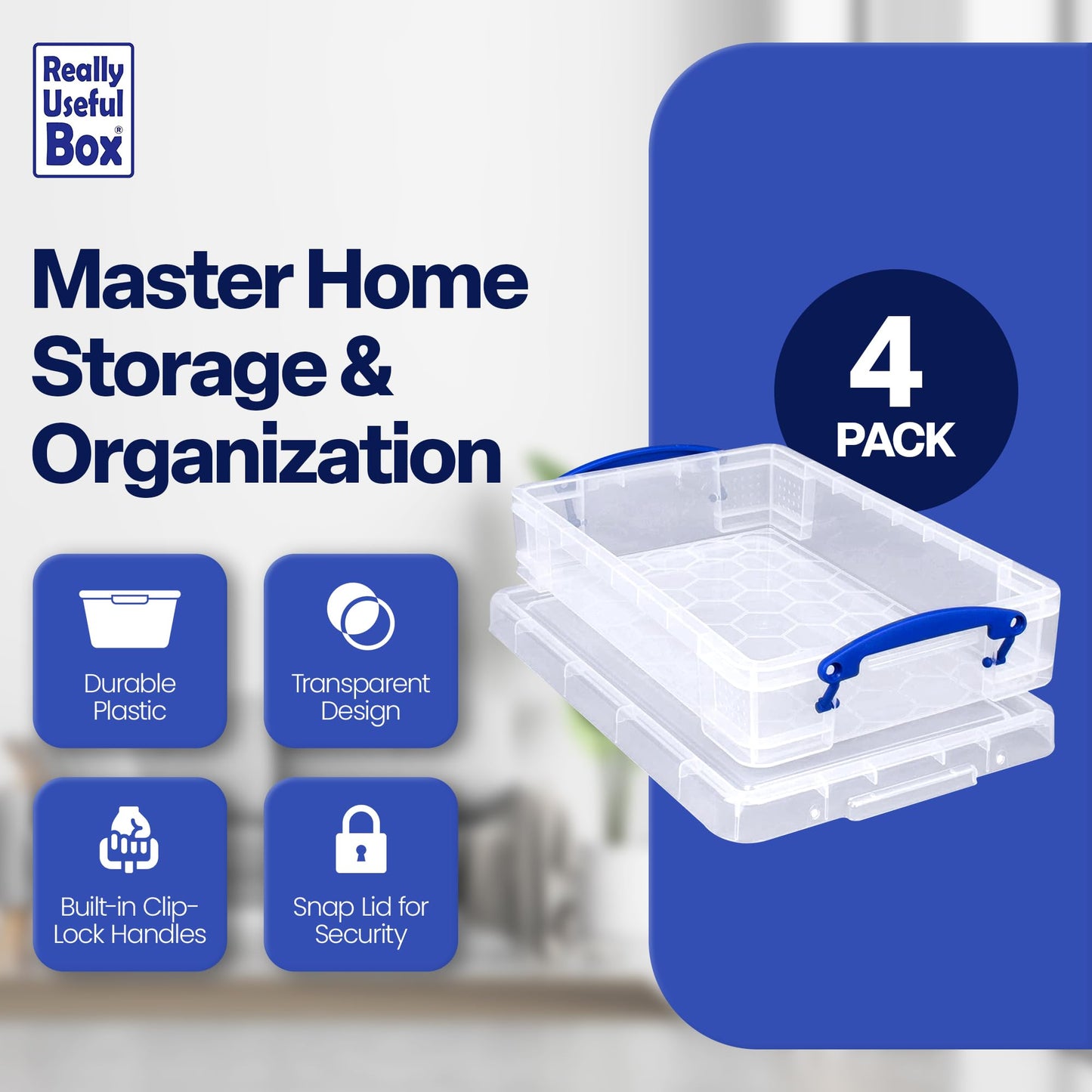 Really Useful Box 4 Liter Plastic Stackable Storage Container w/Snap Lid & Built-In Clip Lock Handles for Home & Office Organization, Clear (4 Pack)