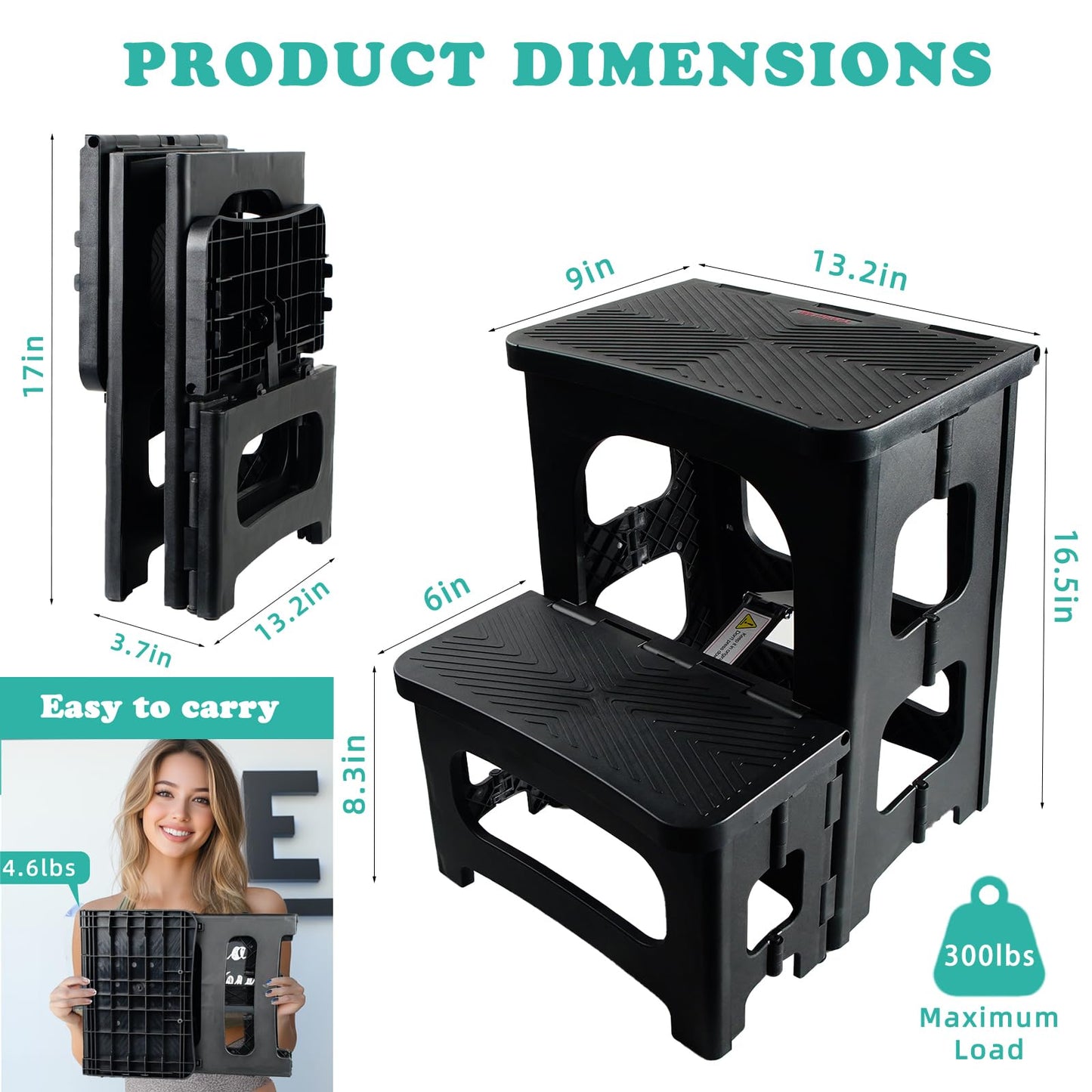 MavHubrix 2-Step Folding Stool Ladder,Non-Slip Portable Collapsible Step Stool for Kitchen Bathroom Home RV Closet Office, 16.5" Heights, Holds 300 lbs,Foldable Lightweight Design only 4.6Ibs (Black)