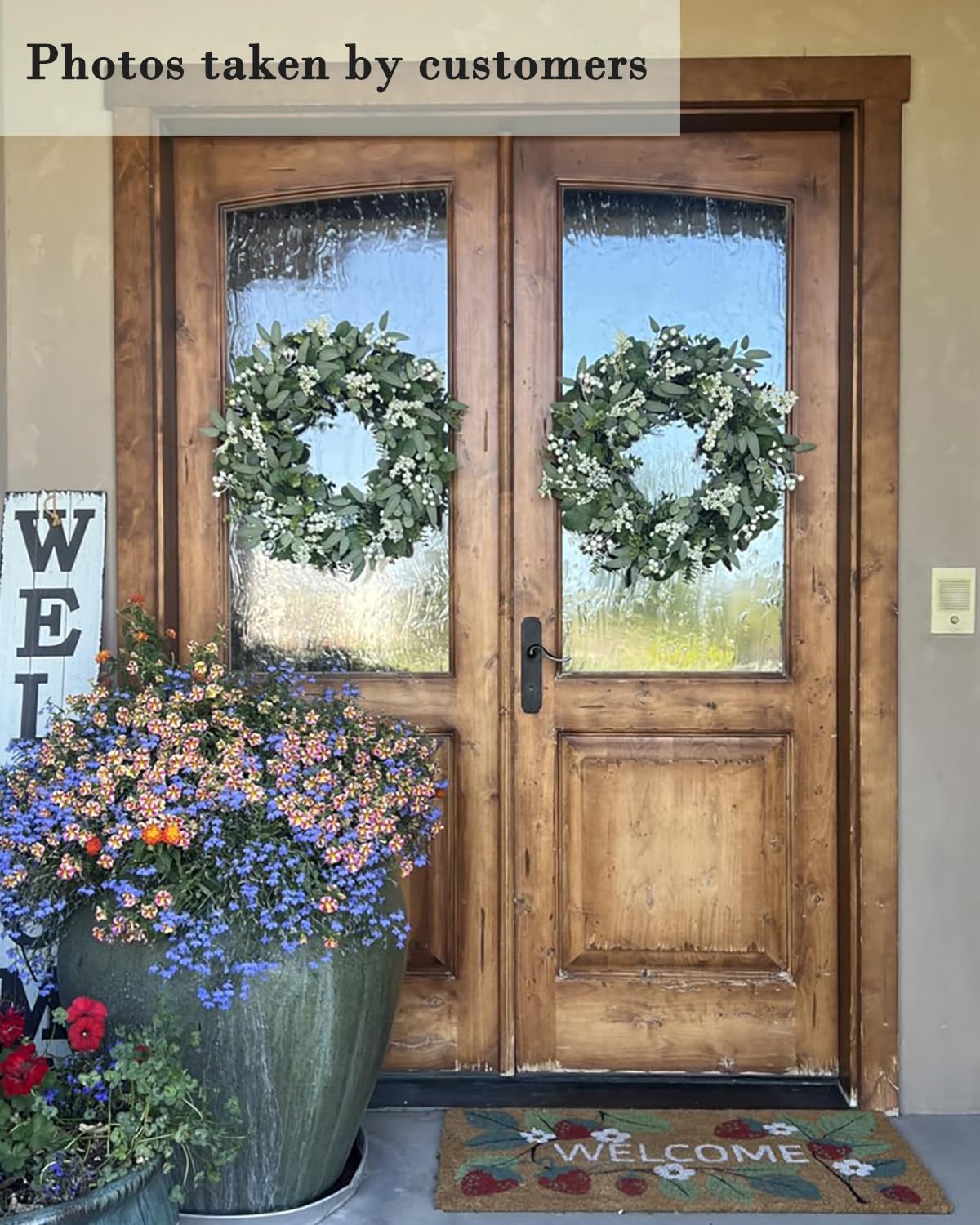 Vlorart 24-26 Inch Artificial Spring Summer Greenery Christmas Wreaths for Front Door Green Eucalyptus Leaf Wreath Decor Boxwood with Big Berries for Farmhouse Outside Year Round