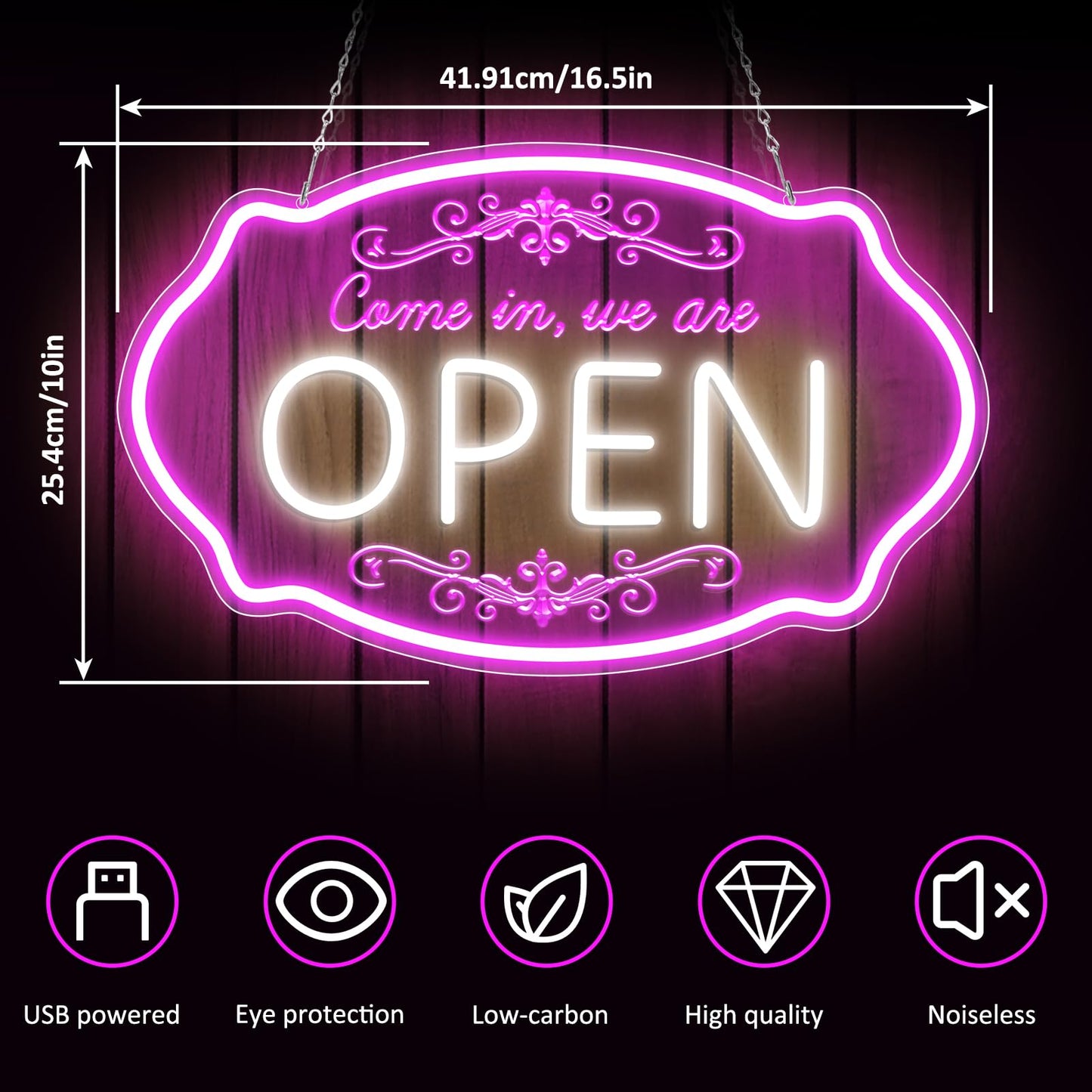 LED Neon Open Sign for Business, 16.5x10'' Come in We’re Open Sign, Pink&White Adjustable Brightness Neon Lights for Party, Bar, Salon, Stores, Hotel, Wall Decor, Clubs, Hotels
