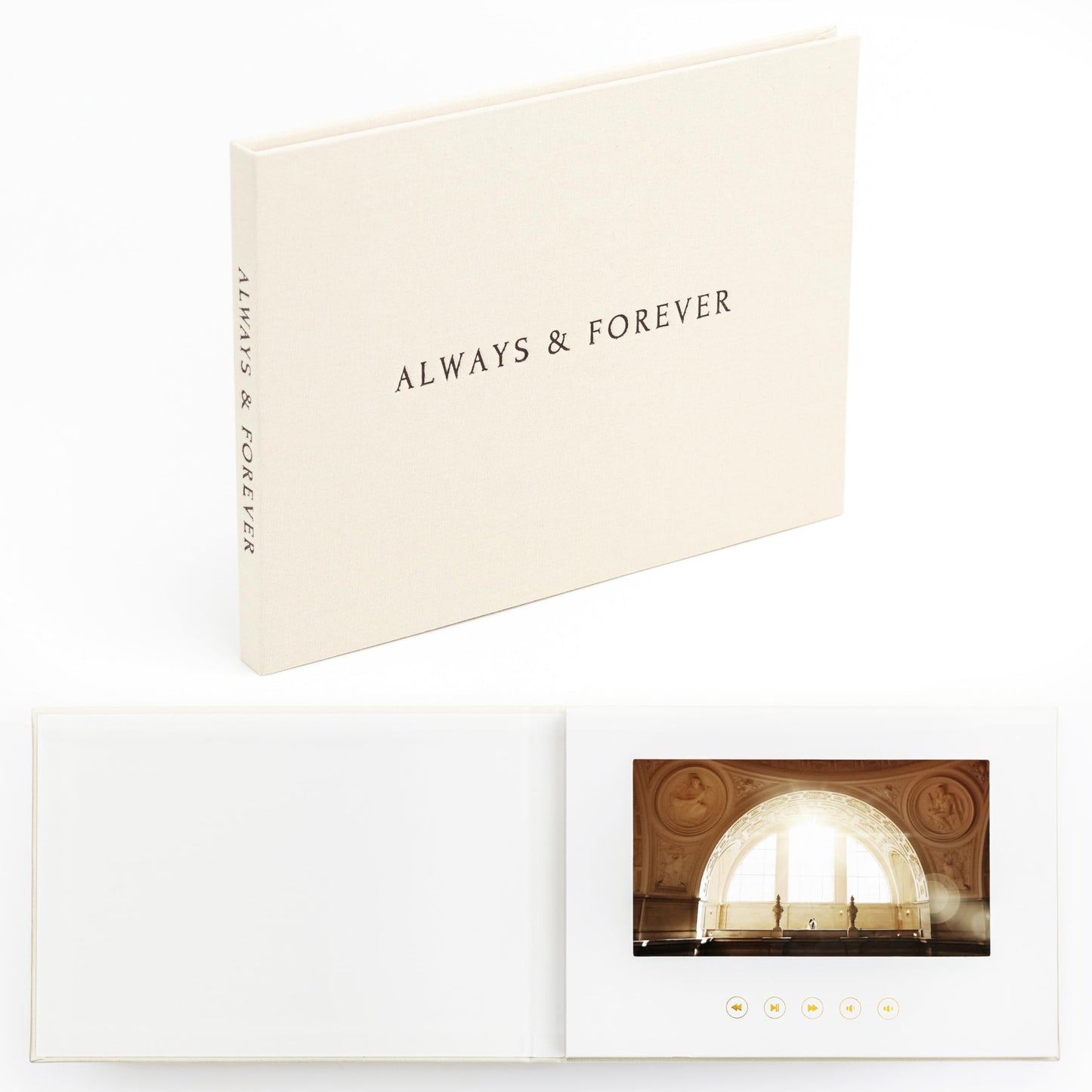 The Motion Books (ALWAYS & FOREVER - BLACK FOIL) | Luxury Linen Bound Video Book | Black foil letter stamping | Up to 3 hours of video, 7” IPS Display, 4GB of memory & Rechargeable Battery