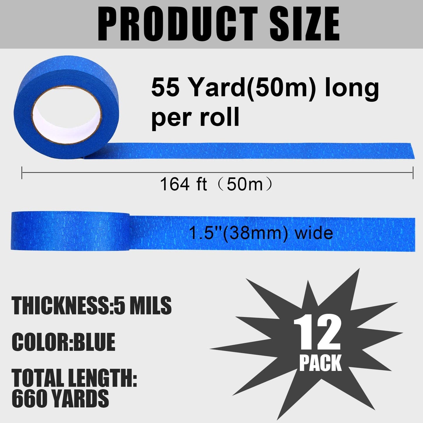 Fainne 12 Rolls Blue Painters Tape Bulk, 1.5 Inches x 55 Yards Masking Tape, Trim Edge Finishing Tape for Walls Painting Labeling Home School Decoration