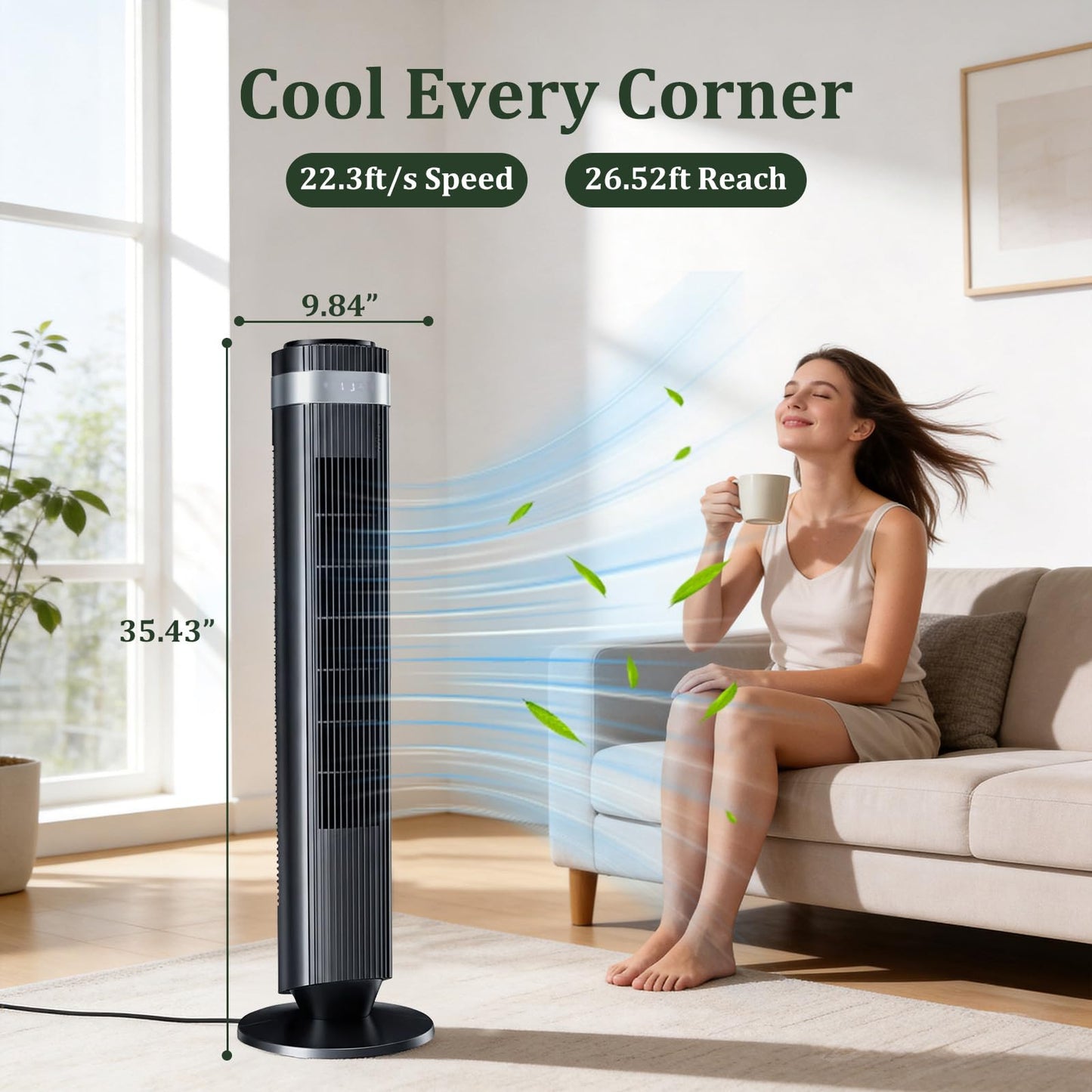 Tower Fan for Bedroom, 28dB Quiet Bladeless Oscillating Standing Fan with Remote, 5 Speeds & 4 Modes, 12H Timer, LED Display, 22.3ft/s High Velocity Cooling Floor Fan for Home, Office (Black)