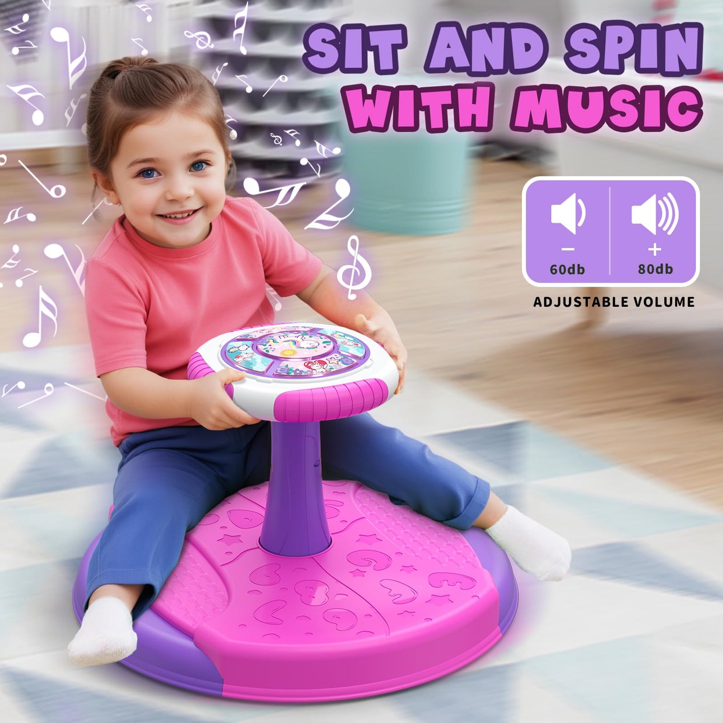 HYES Unicorn Sit and Spin Toys for Toddlers 1-3 Girls, 360° Toddler Spinning Seat with LED Lights and Music, Sensory Toys Birthday Gift for Kids 3-5