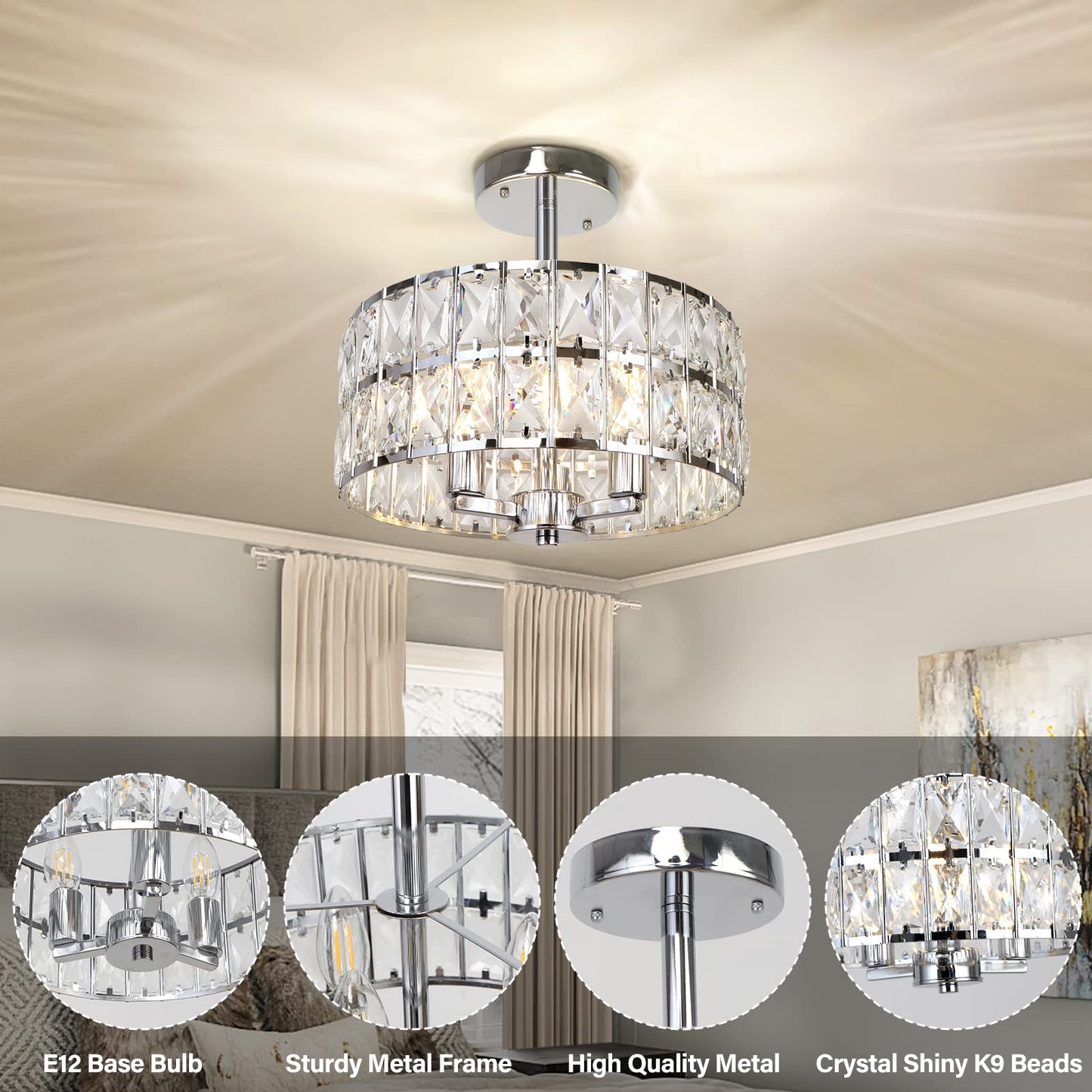 Cunfash 3-Ligth Round Crystal Ceiling Light, Modern Hallway Light Fixtures, 12.6" Chrome Semi Flush Mount Kitchen Chandelier with Cylinder Drum Shade for Closet Dining Room Bedroom