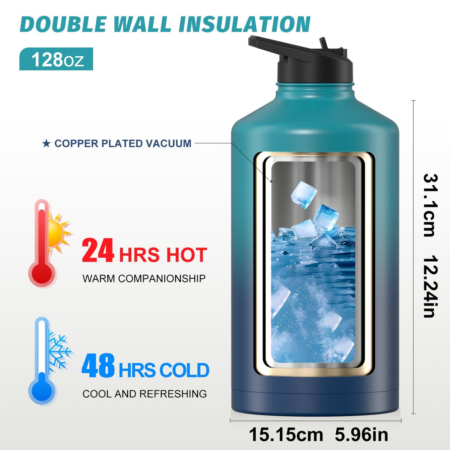 1 Gallon Water Bottle Insulated(Cold for 48 Hrs),BPA Free&Leak Proof,128oz Stainless Steel Water Jug,Large Water Bottle with Straw Spout Lids for Gym,Hiking,Camping&Travel,Gradient Blue
