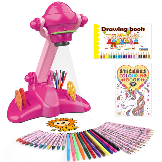 Drawing Projector for Kids, Art and Craft Kit, Toys for Girls Aged 3+, Including Colored Pencils, Crayons, Coloring Books Gift for 3+ Year Old Girls (Pink Drawing Kit v2)