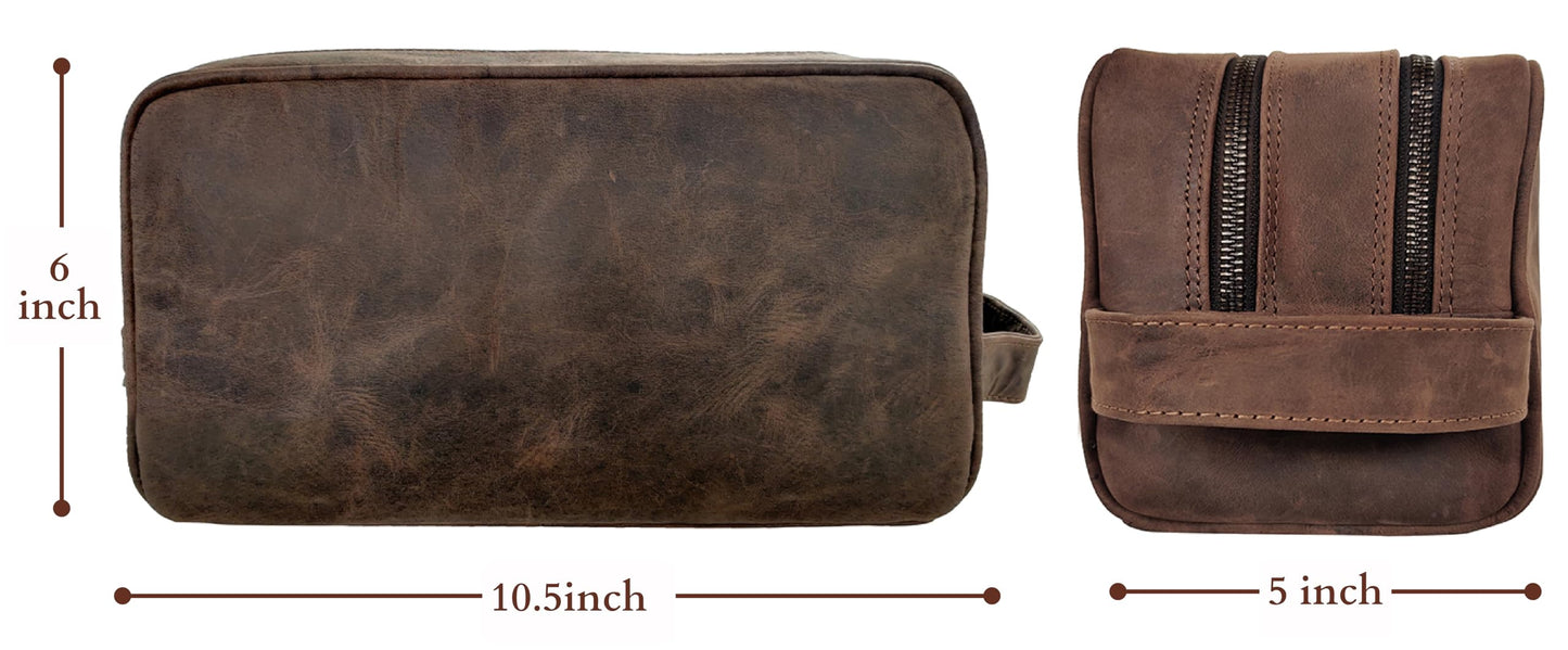 RUSTIC TOWN Full Grain Leather Travel Toiletry Bag - Dopp Kit Organizer (Dark Brown)
