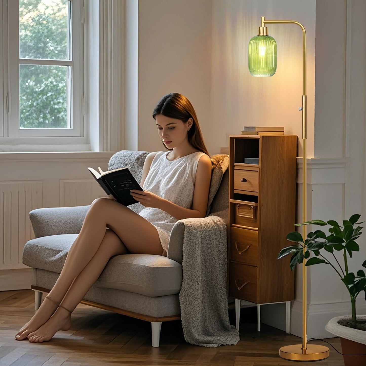 Ruiever Glass Floor Lamp for Living Room, Dimmer Standing Lamp with Green Ribbed Lampshade,66” Tall Lamp & Gold Floor Lamp for Bedroom Study Room,Brushed Gold (Green)