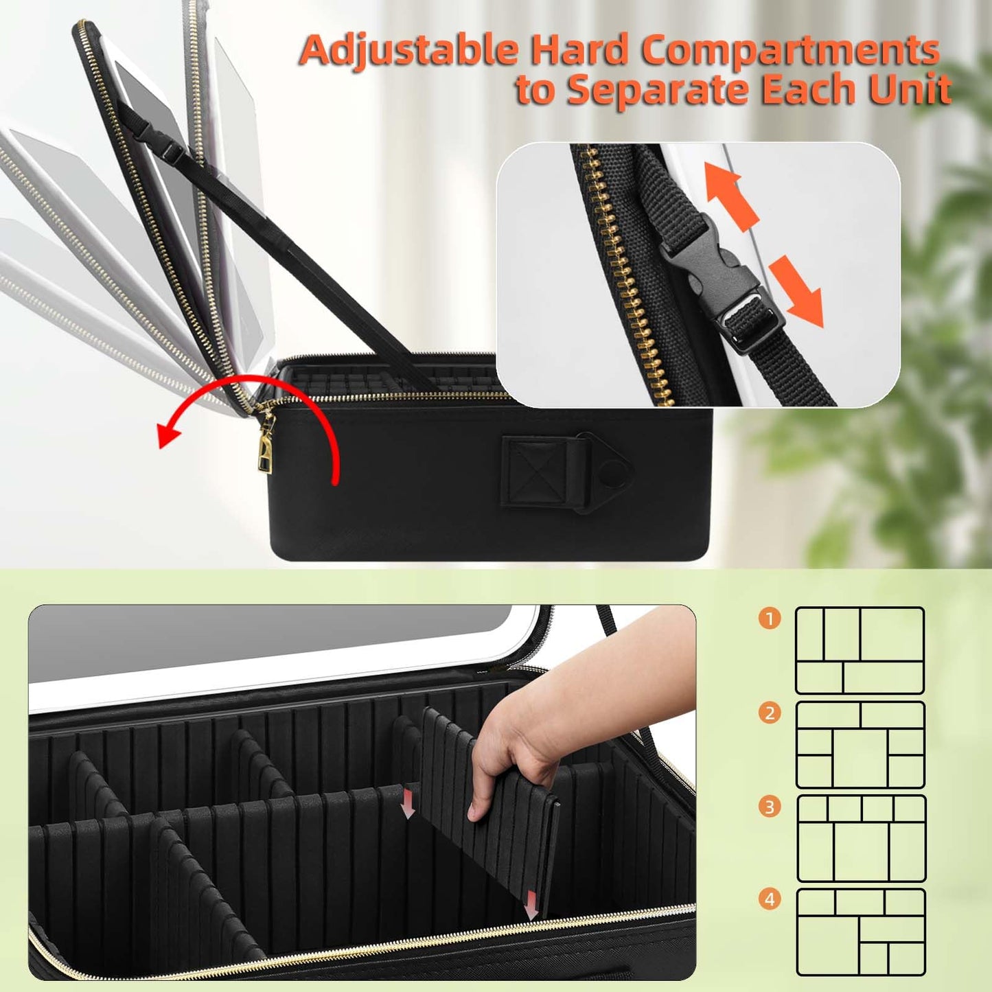 saiggnyy Large Travel Makeup Bag with LED Mirror, 3-Color Stepless Dimming Stand Mirror Detachable, with Adjustable Divider, Makeup Brush Holder Storage (Black)