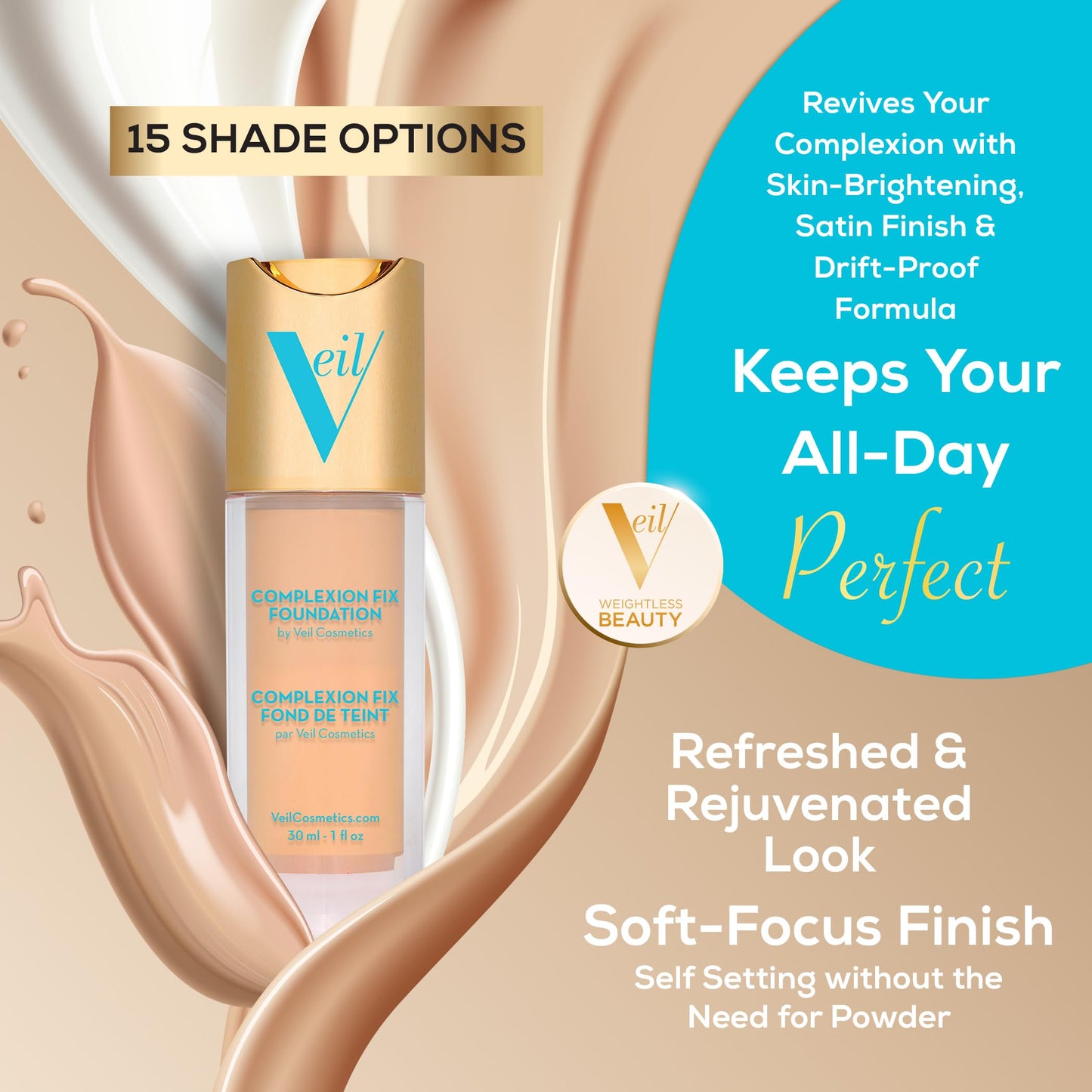 Veil Cosmetics Complexion Fix Liquid Foundation – Buildable Coverage – Water-Resistant, Hypoallergenic, Oil-Free, Cruelty-Free & Vegan – Lightweight & Brightening – Long Lasting (2N Light Neutral)