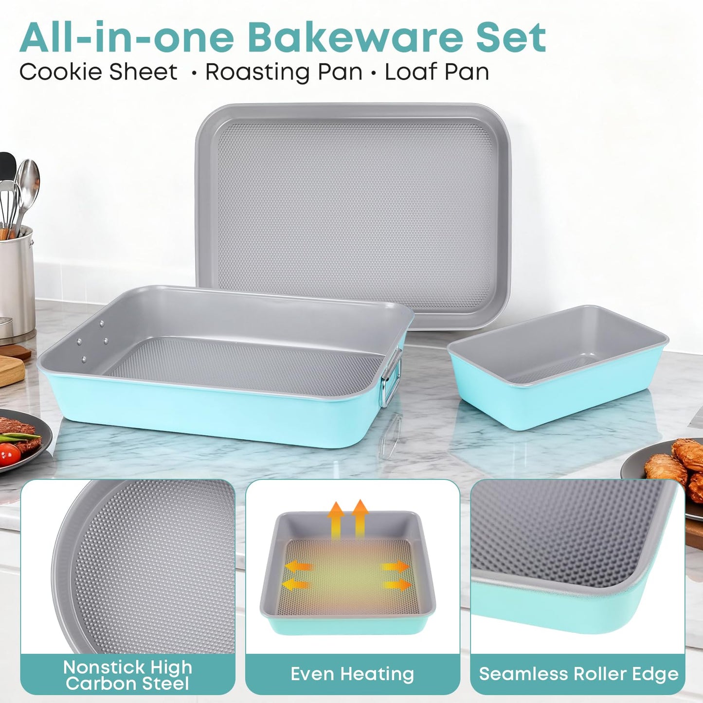 Spmarkt 21-pieces Stackable Nonstick Bakeware Set, PTFE/PFOA/PFOS Free Baking Pans Set with Silicone Cup, Oven Mitt, Complete Kitchen Baking Kit for Cake & Loaf, Cookies, Cupcakes
