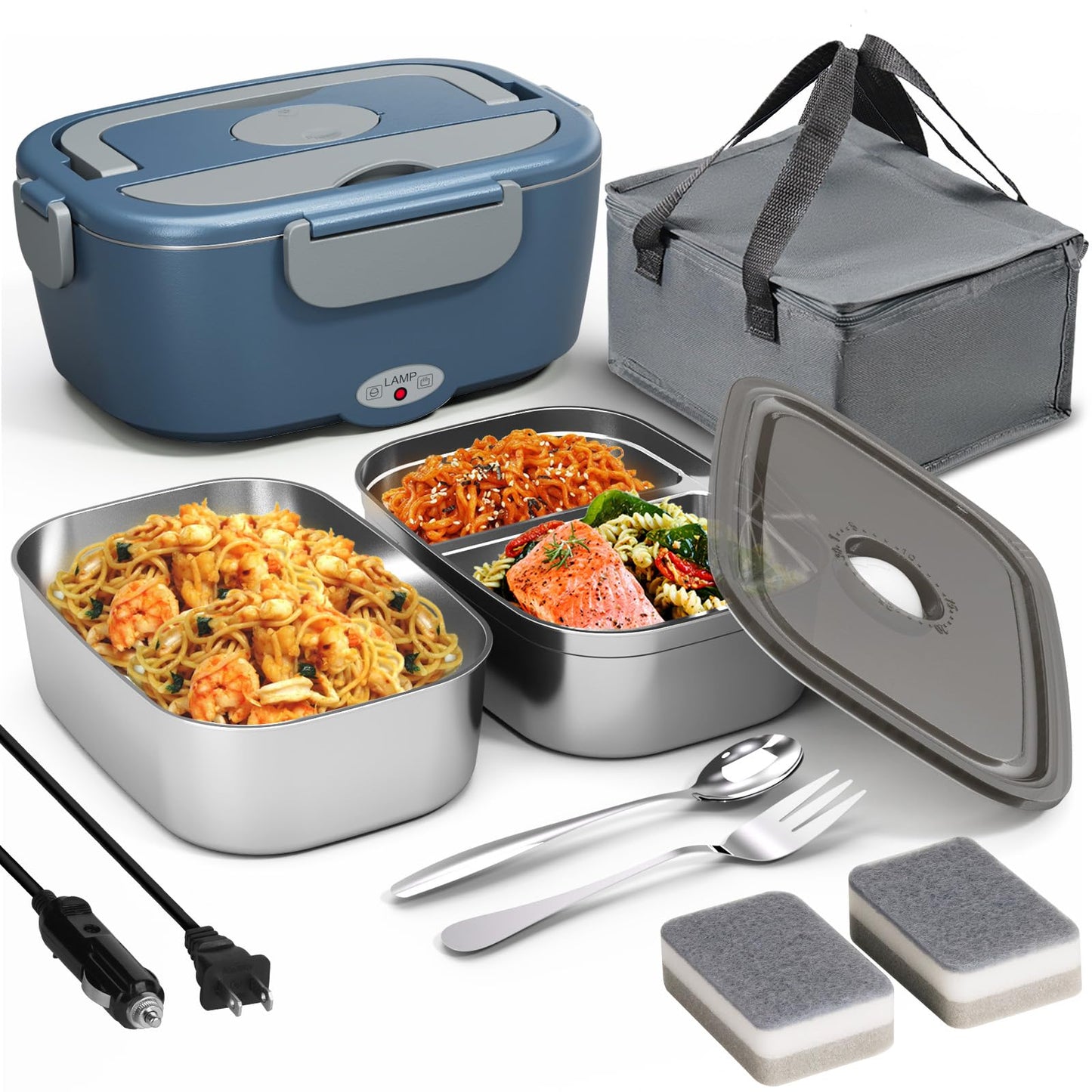 Sitlais Electric Lunch Box for Adults - Fast Heating Portable Food Warmer with 2 of 53oz 304 Stainless Steel Containers 12V/24V/110V Heated Lunch Box for Men&Women Work Office Truck Travel lonchera