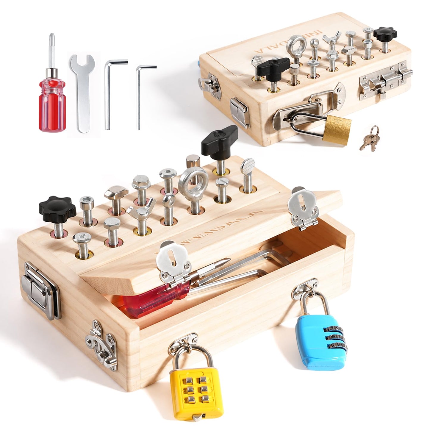 INIFEIDALA Montessori Busy Board Toddler Toys for Ages 3+ - Wooden Sensory Latches Board with Lock & Key & Kid Tool Screwdriver Set, Preschool Educational Toy - Fine Motor Skills - STEM Learning Toys