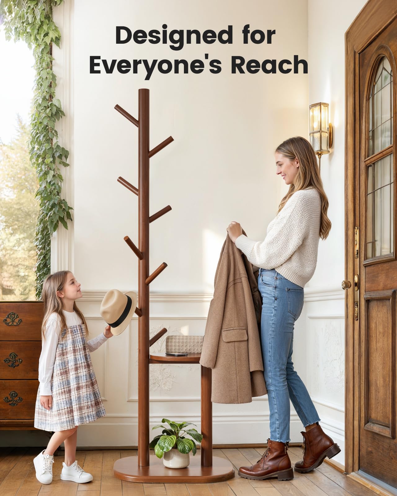 Pipishell Coat Rack, Freestanding Hall Tree with 8 Hooks & Storage Shelf, Solid Wood Base, 66.3″ Tall Coat Rack Stand for Coats, Hats, Bag in Entryway, Bedroom, Living Room, Brown