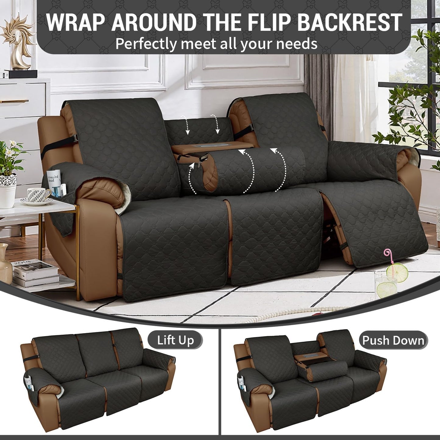 Rwoyno Waterproof Recliner Sofa Covers with Flipped Middle Backrest Washable Recliner Couch Covers Non-Slip with Elastic Straps Furniture Protector for Kid Dogs Pets (Dark Grey)