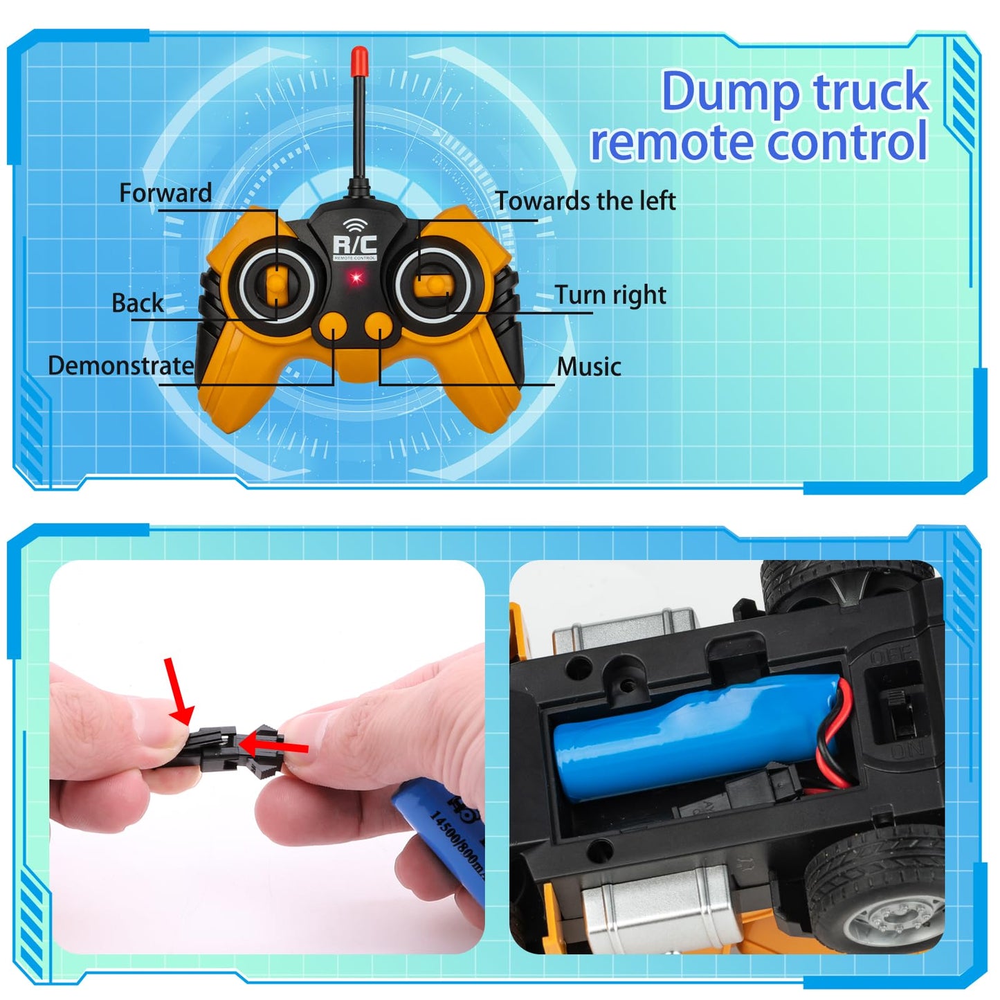 MQDMINI Remote Control Excavator and Dump Truck Toy Set - RC Construction Vehicles Toy with Barricades, Road Signs, Simulated Rocks, Lights and Sounds, Present for Toddlers 3-12 Year Boys Girls