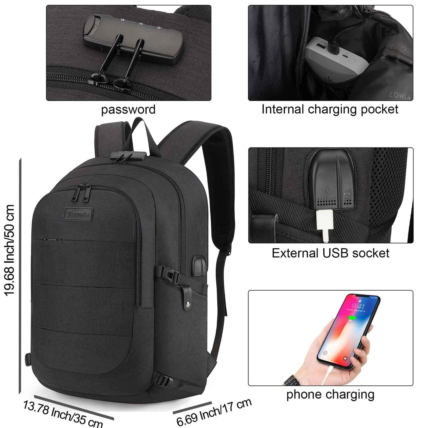 Tzowla Anti-Theft Water Resistant 17.3 Inch Laptop Backpack with USB Charging Port and Lock, Black