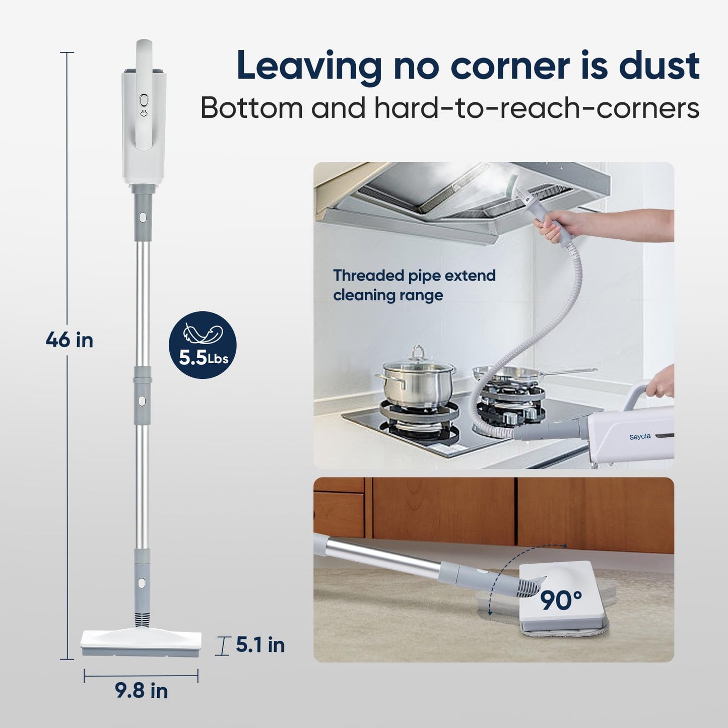 Seyola Steam Mop for Floor Cleaning, Steam Cleaner for Home with Handheld 6-in-1 Multi-function Attachments for Hardwood Floors, Clothes, Windows, Tiles Grout, Furniture Cleaning (White-Gray)