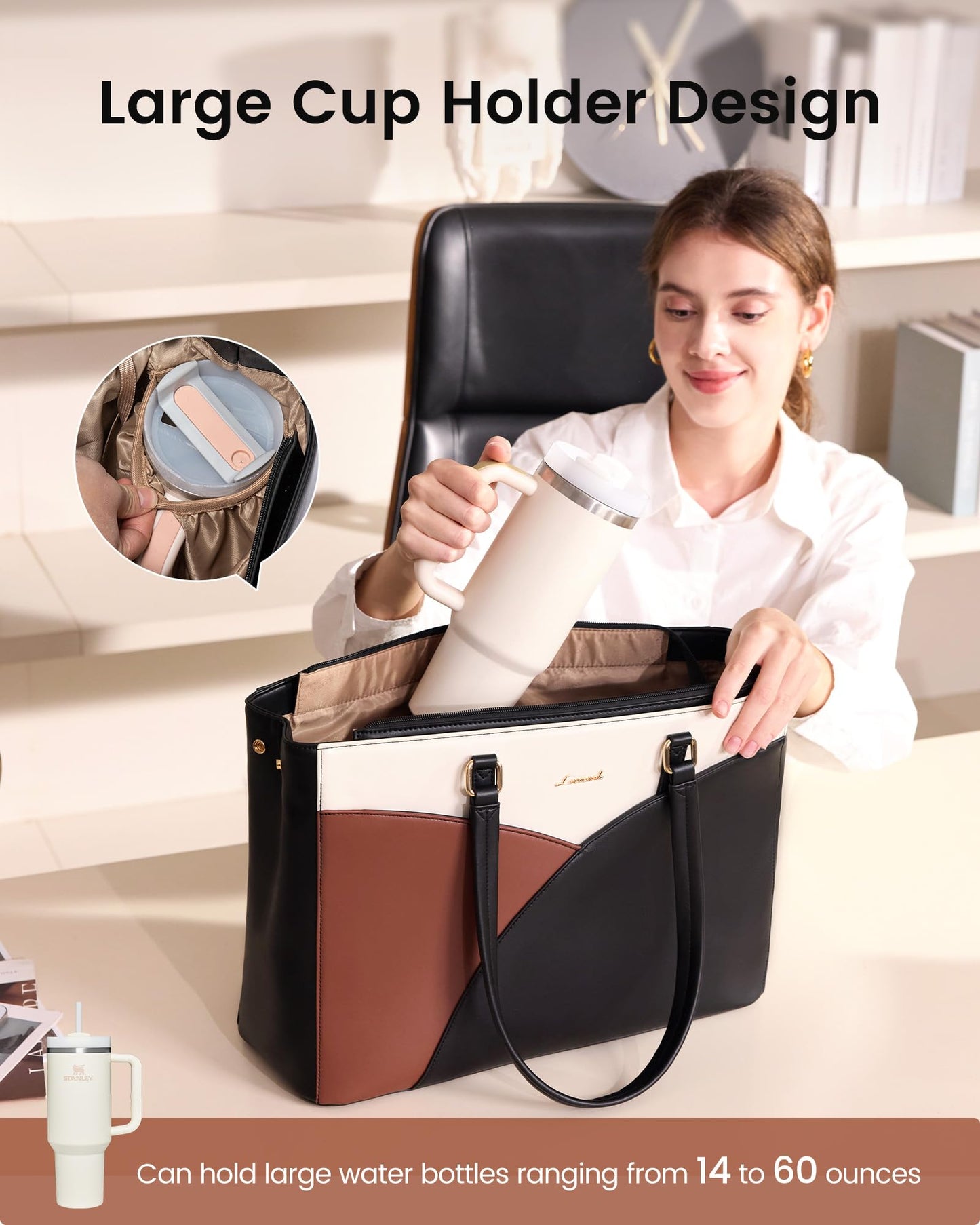 LOVEVOOK Laptop Bag for Women,17.3Inch Work Teacher Bags Leather Tote Bag Briefcase Waterproof Computer Bag for Women，Black-White-Brown