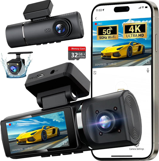3 Channel 4K Dash Cam Front, 1080P Dash Camera Rear and Inside for Cars with 32GB Card, G-Sensor, 3.16 IPS Screen, 24Hr Parking, App Control,Loop Recording, Night Vision,Support 256GB Max