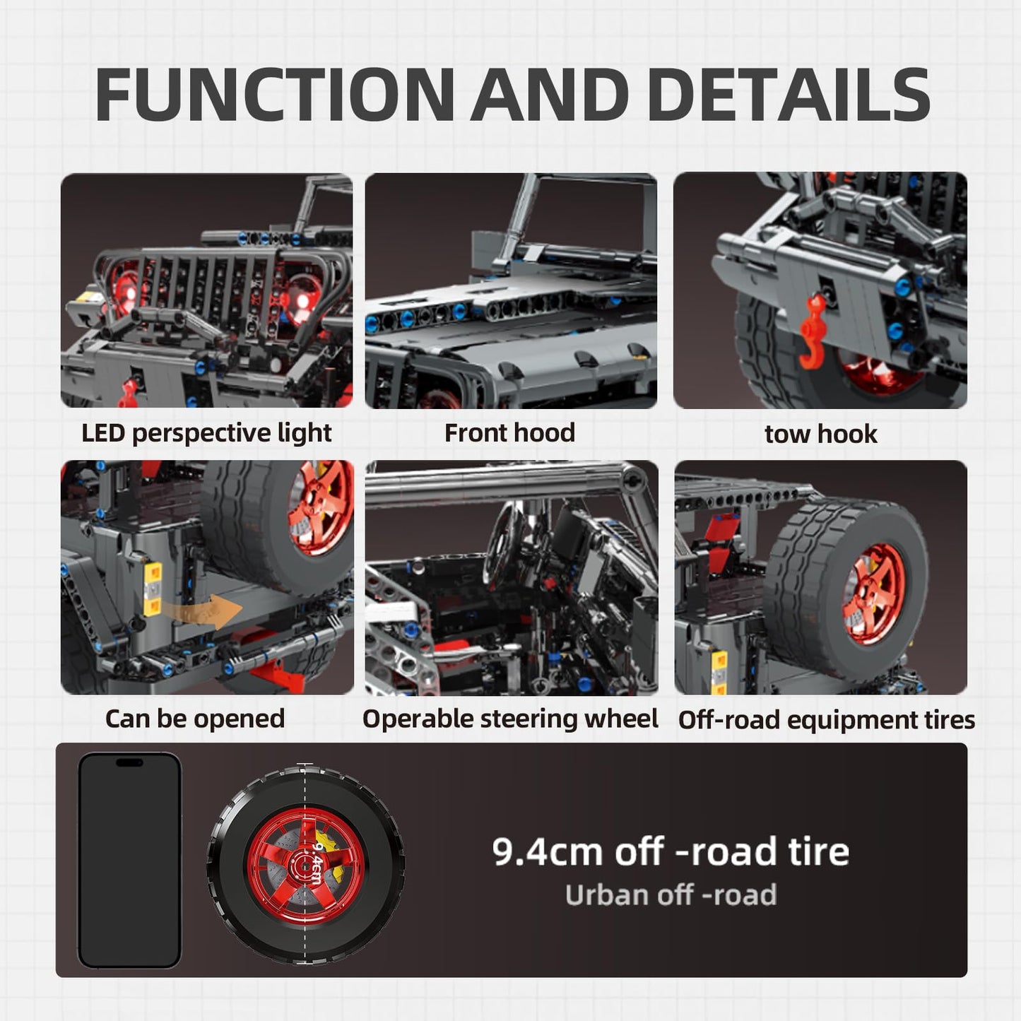 RC Off-Road SUV Wrangler Black Warrior Building Kits, 1/8 Scale Pickup Truck Car with Remote Control Lights, Challenge Building Blocks Gift for Technical Enthusiasts Adults & Teens Age 14+ (2272PCS)