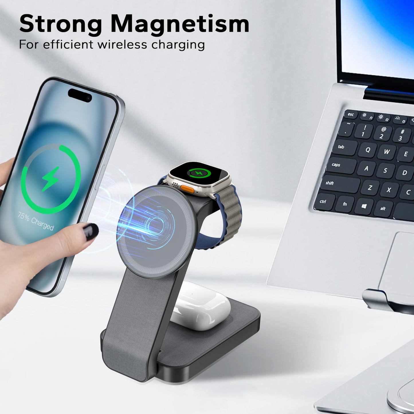 eazpower 3 in 1 Foldable Wireless Charging Station for MagSafe, Travel Magnetic Charger Stand for iPhone 16 15 14 13 Pro Max, Nightstand Charging Dock with Night Light for Apple Watch/AirPods