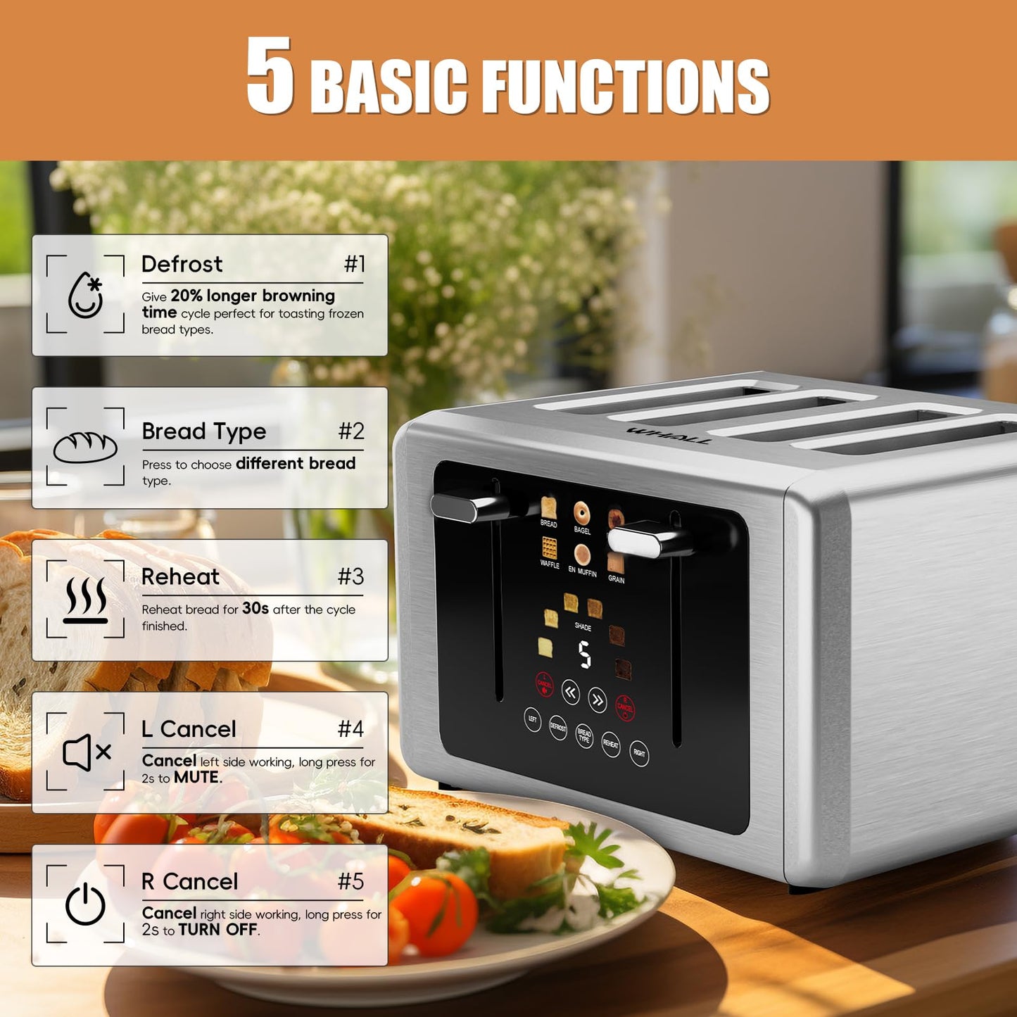 Whall 4-Slice Smart Toaster with Touchscreen & Extra-Wide Slots, Dual Independent Control, 6 Browning Levels & 6 Bread Types, Memory Function,Countdown Timer, Ideal Kitchen Gift,Platinum