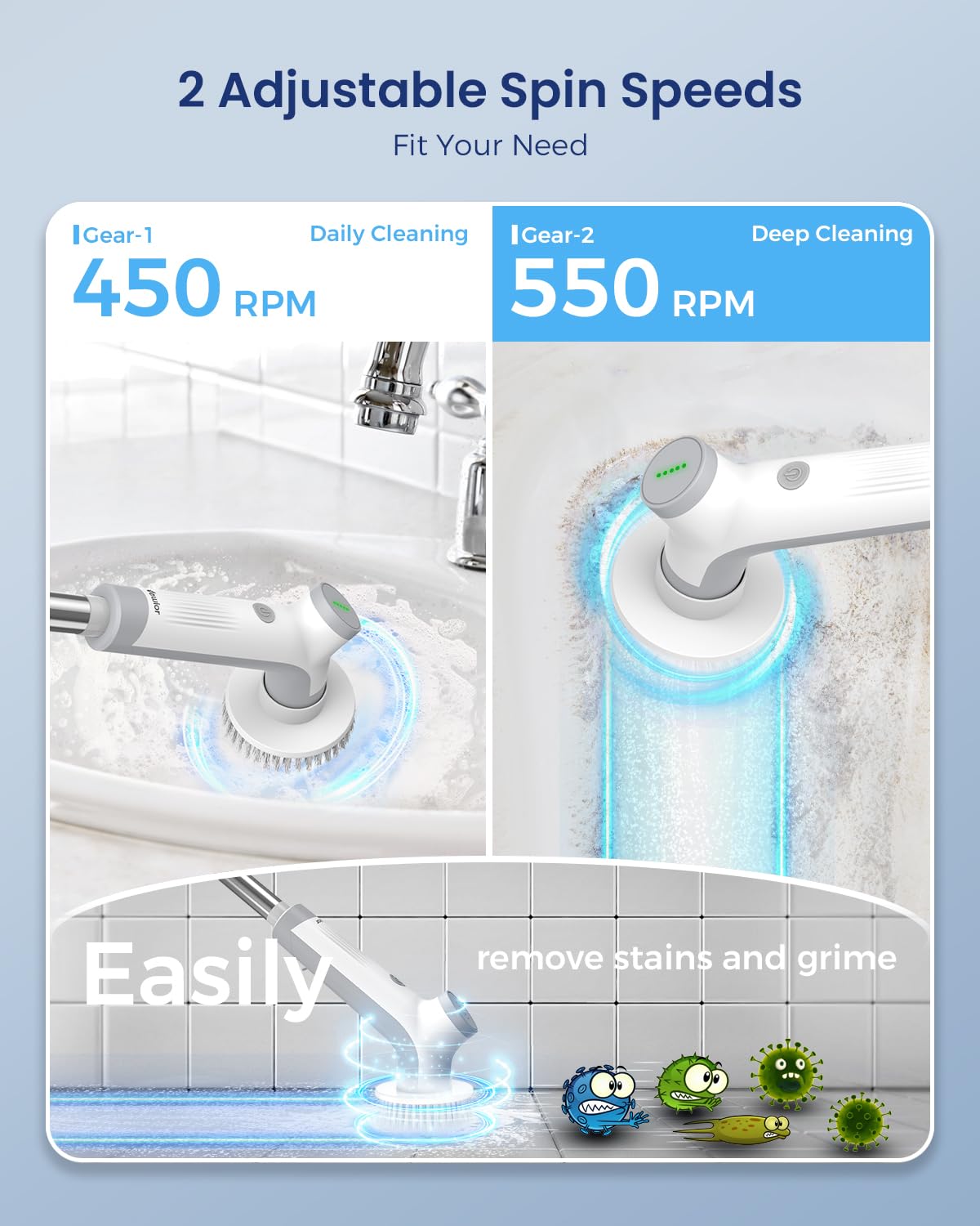 VEWIOR Electric Spin Scrubber, Cordless Cleaning Brush with 3 Adjustable Angle 2 Speeds 3 Replaceable Brush Heads, Electric Cleaning Brush for Floor Bathroom Tub Tile Kitchen Window