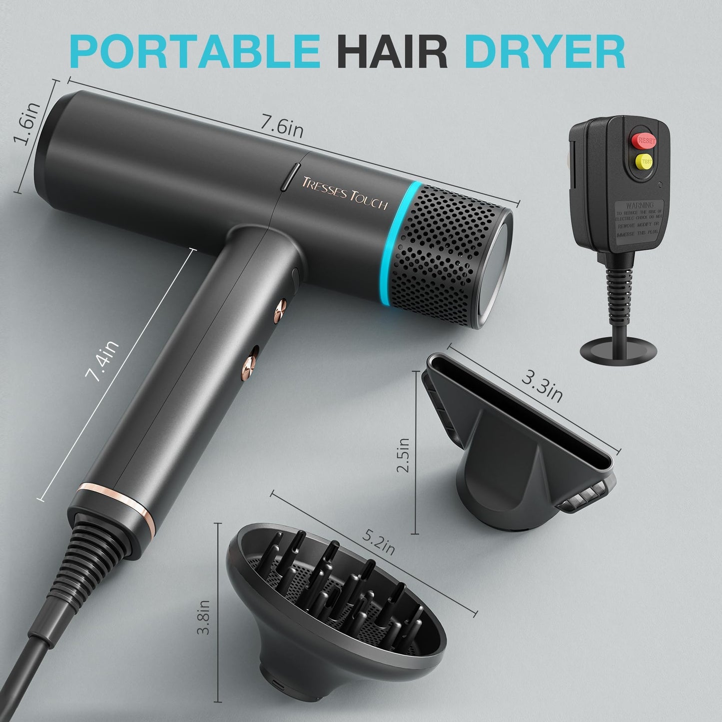 Tresses Touch Hair Blow Dryer 150000 RPM, 200 Million Negative Ionic Blow Professional Hair Dryer with Diffuser, 3 Temps/2 Speeds, 6.56 Ft Cord Fast Drying and Portable for Home Traveling, Black