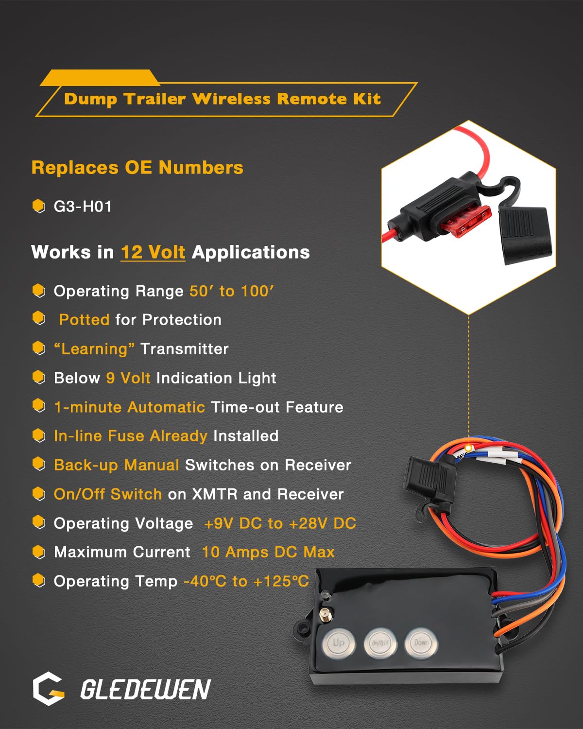 Gledewen Wireless Dump Trailer Remote, 12 Volt Hydraulic Lift Winch Tilt, Dump Trailer Wireless Remote Control Kit, Hydraulic Wireless Remote Dump Trailer Controller, 50-100ft Operating Range, G3-H01