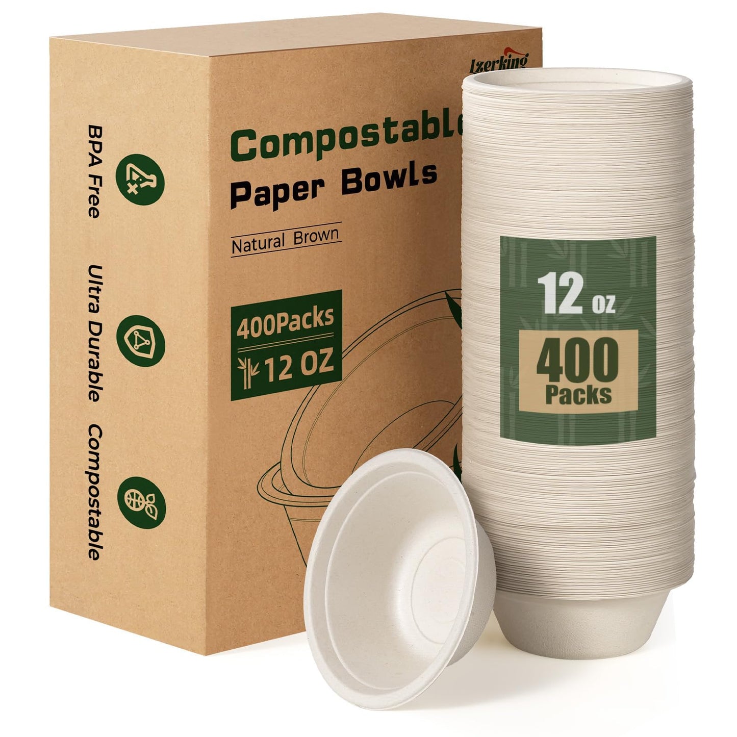 Lzerking 12oz Paper Bowls, 400 Pack - Disposable Compostable Bowls for Parties, Desserts | Microwave & Freezer Safe