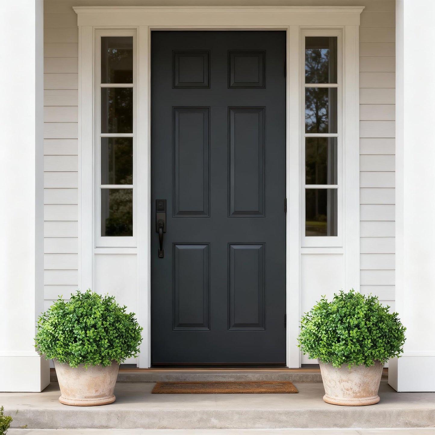 Set of 2 Artificial Boxwood Topiary Ball Trees - UV Resistant Faux Boxwood Potted Plants, Spring Summer Greenery Fake Bushes for Front Door Farmhouse Garden Porch Outdoor Decor