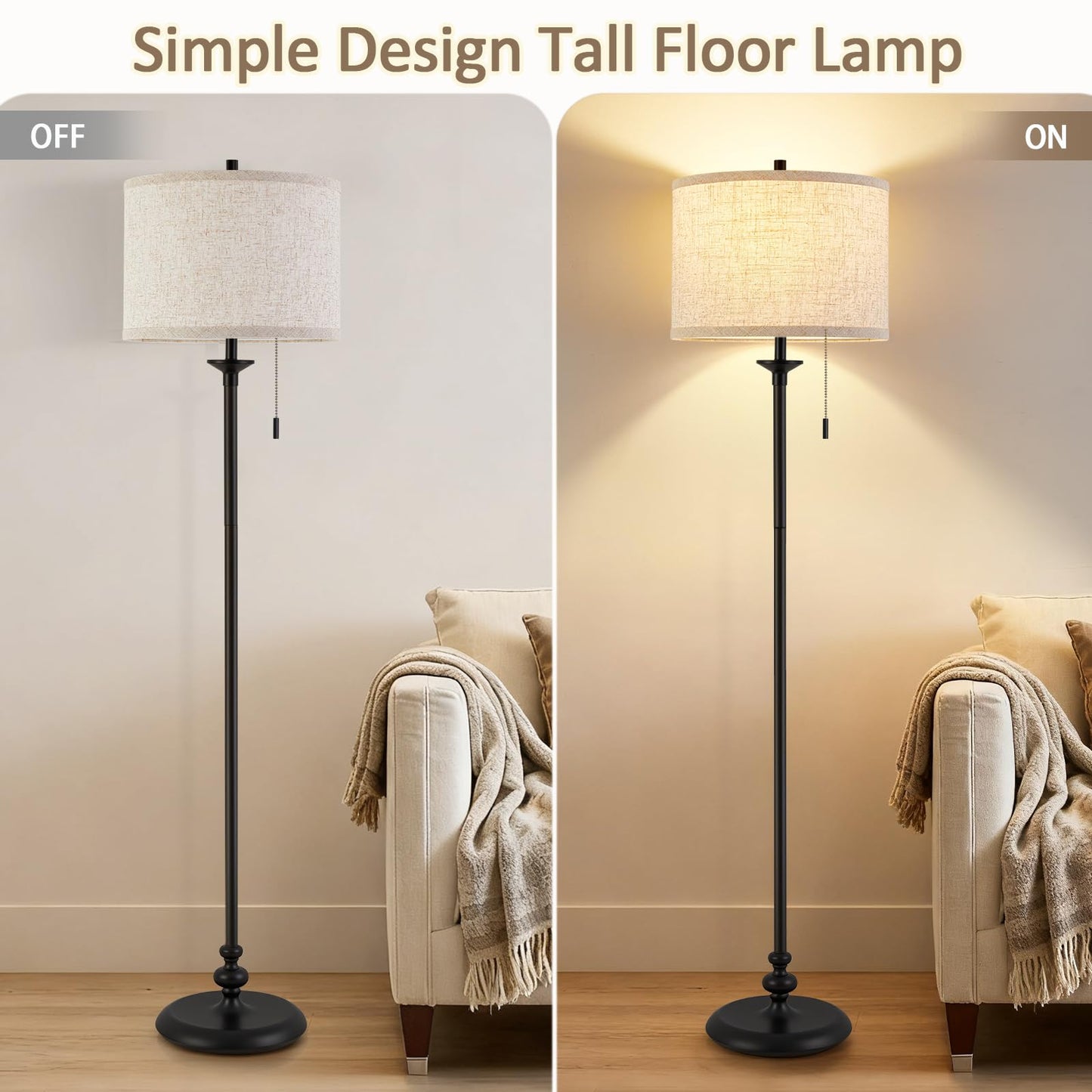 Luvkczc Black Floor Lamp, 60" Standing Lamp Tall Lamp with Fabric Lampshade&Pull Chain Corner Floor Lamps for Living Room, Bedroom & Office Bulbs Not Included