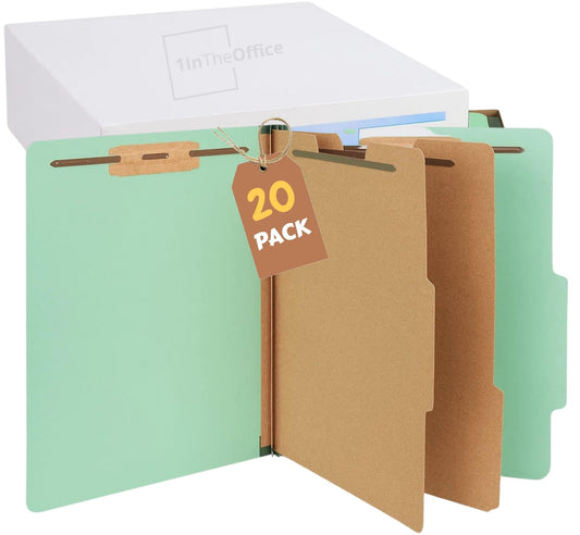 1InTheOffice Classification Folder 2 Dividers Letter Size Green, Pressboard Classification Folders, 2.5" Expansion, 20 Pack