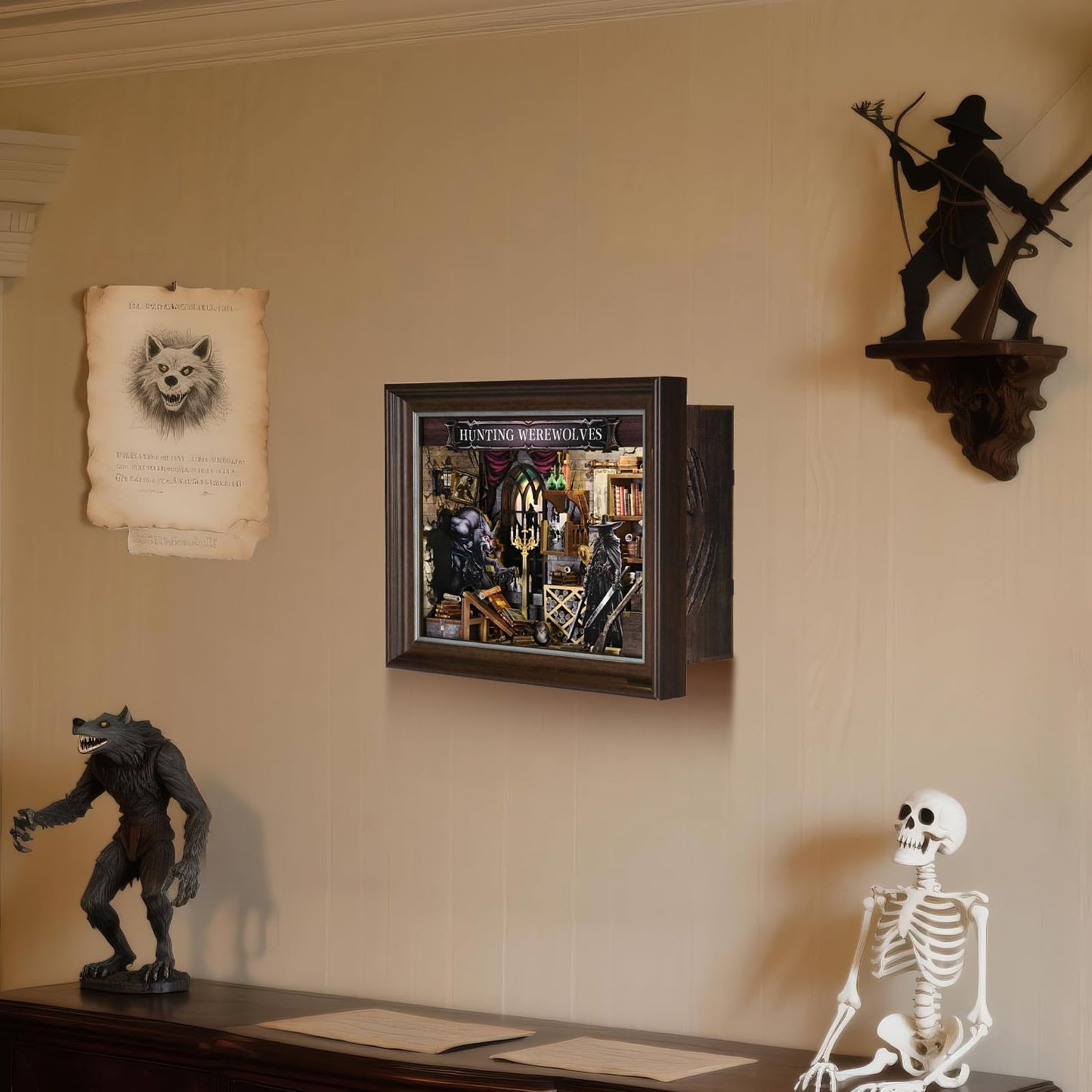 Book Nook Kit-3D Wooden Puzzle with LED Switch Control & Wall-Mountable Frame,DIY Miniature House for Beginners,Bookshelf/Tabletop/Wall Decor for Craft Lovers,Dollhouse Gift,Hunting Werewolves