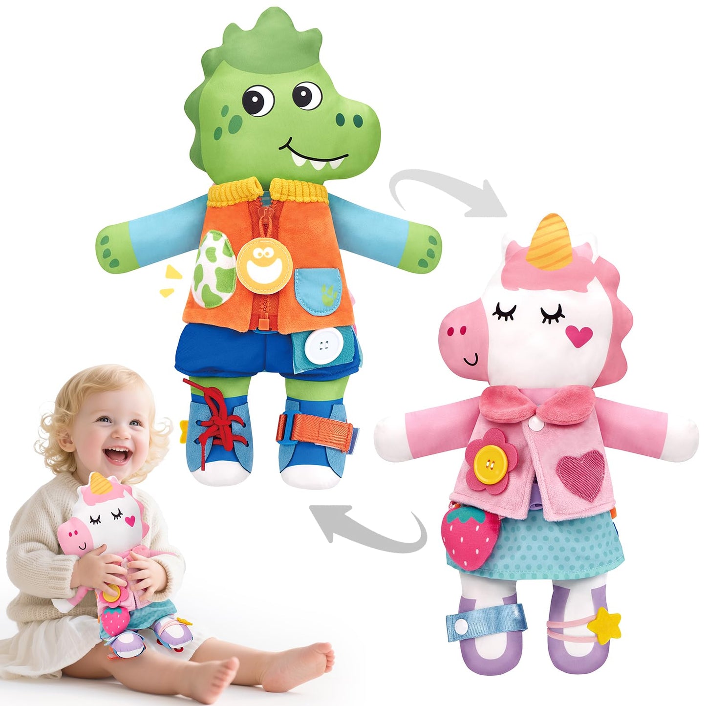 hahaland Montessori 2-in-1 Busy Doll for Toddlers 1-3, Reversible Dinosaur & Unicorn Educational Learn to Dress Doll with 15+ Buckle, Snap & Dressing Skills, Toddler Gifts for 2 Years and Ups