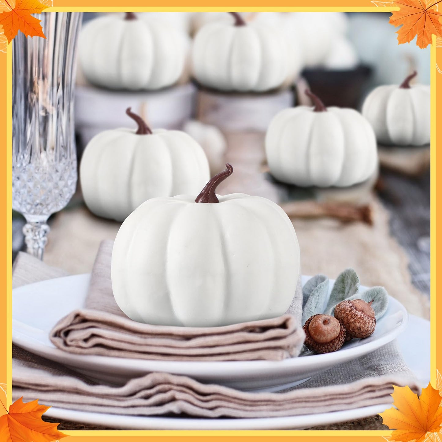Liliful 24 Pack 4 Inch Fall Harvest White Artificial Pumpkins Crafts Rustic Decorative Pumpkin Foam Pumpkins Decoration for Halloween Thanksgiving Wedding Dining Table Centerpiece Decorating