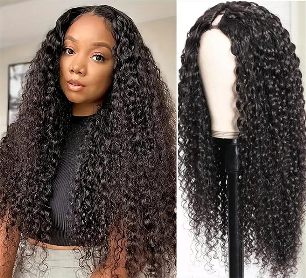 LOVFIR U Part Human Hair Wig Curly 180% Density Glueless Brazilian Remy Human Hair U Part Wig Kinky Curly U Part Wig Human Hair Full Head U Shape Clip in Wigs Curly Half Wig Human Hair 16 Inch